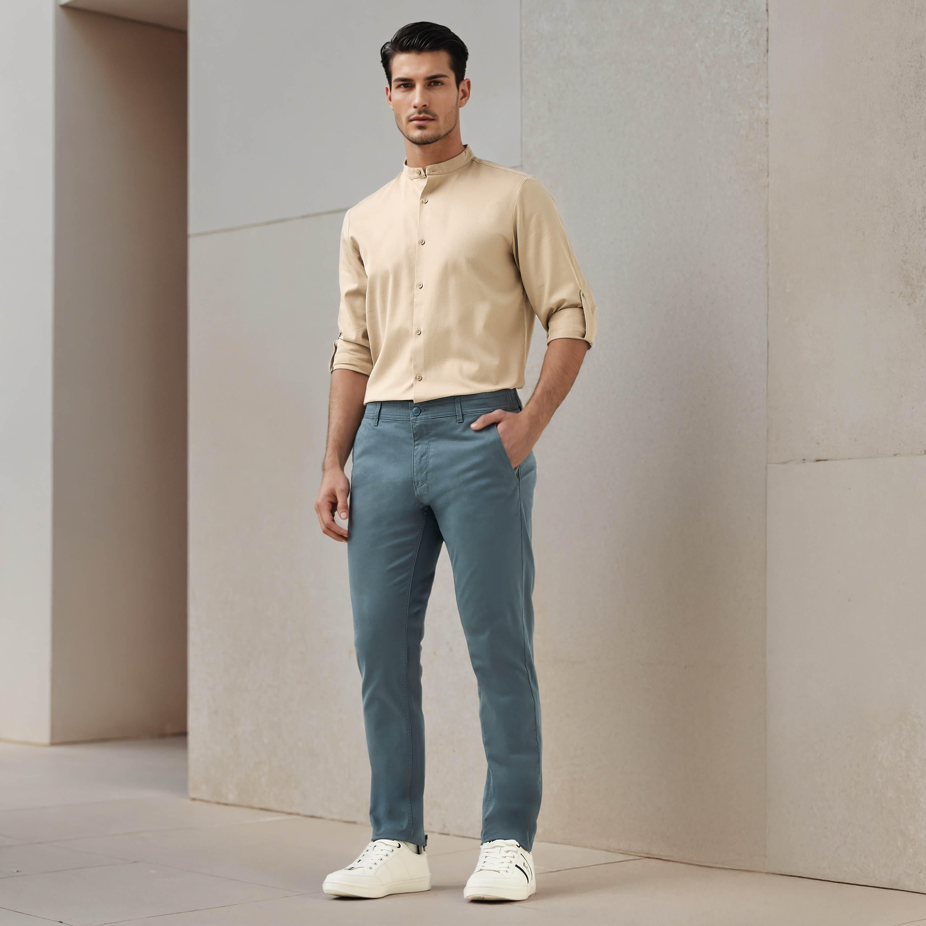 Regular Fit Textured Shirt with Mandarin Collar-men-clothing-shirts-image-2