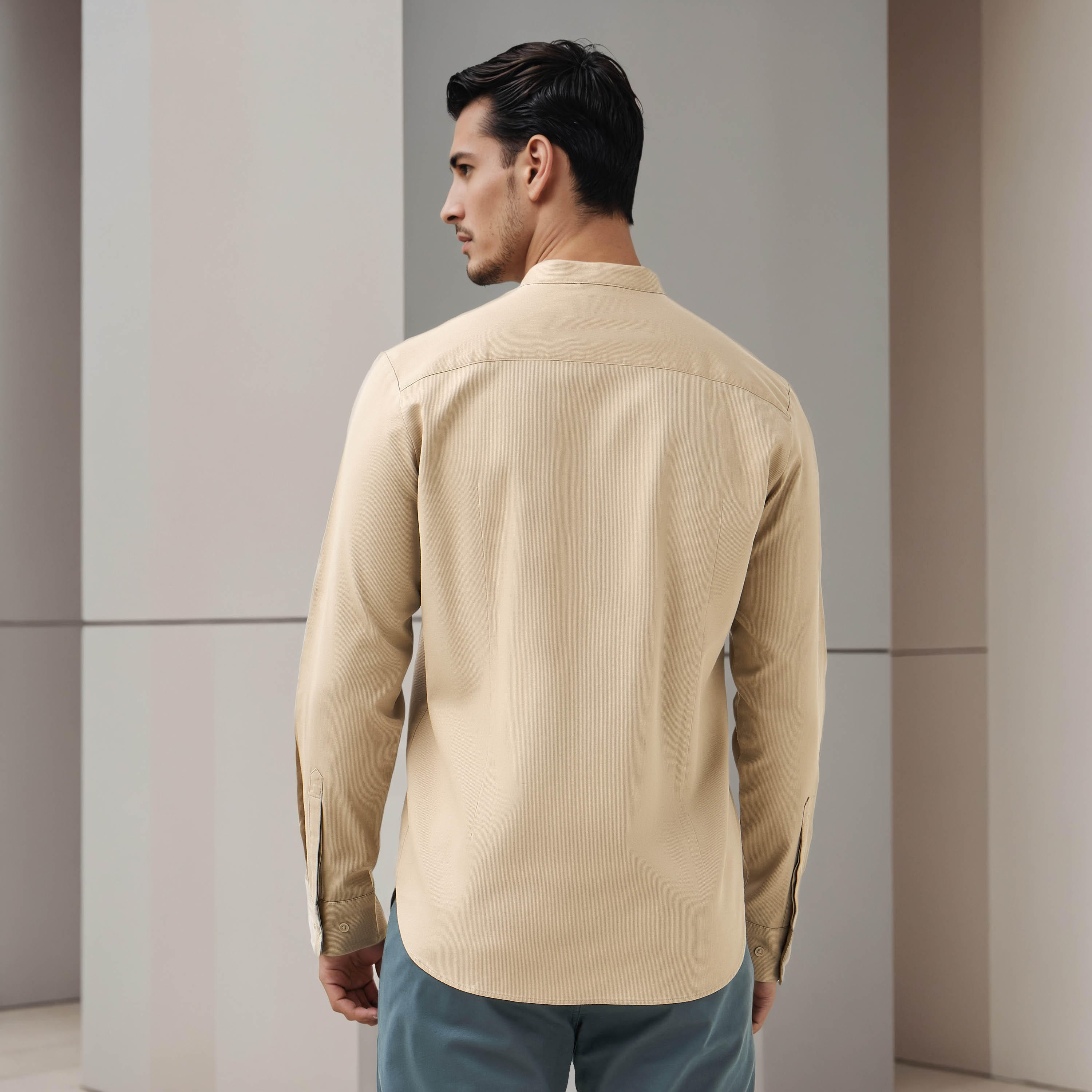 Regular Fit Textured Shirt with Mandarin Collar-men-clothing-shirts-image-3