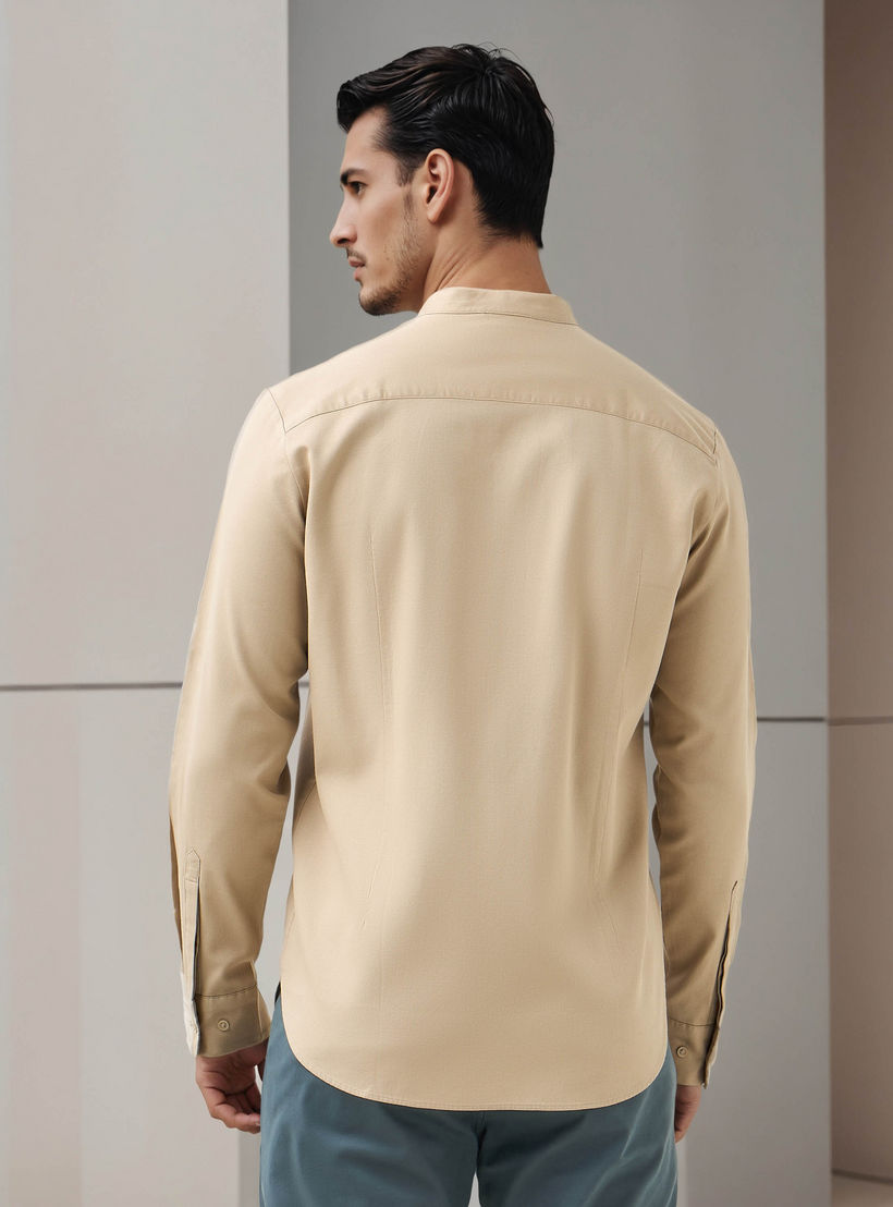 Regular Fit Textured Shirt with Mandarin Collar-men-clothing-shirts-image-3