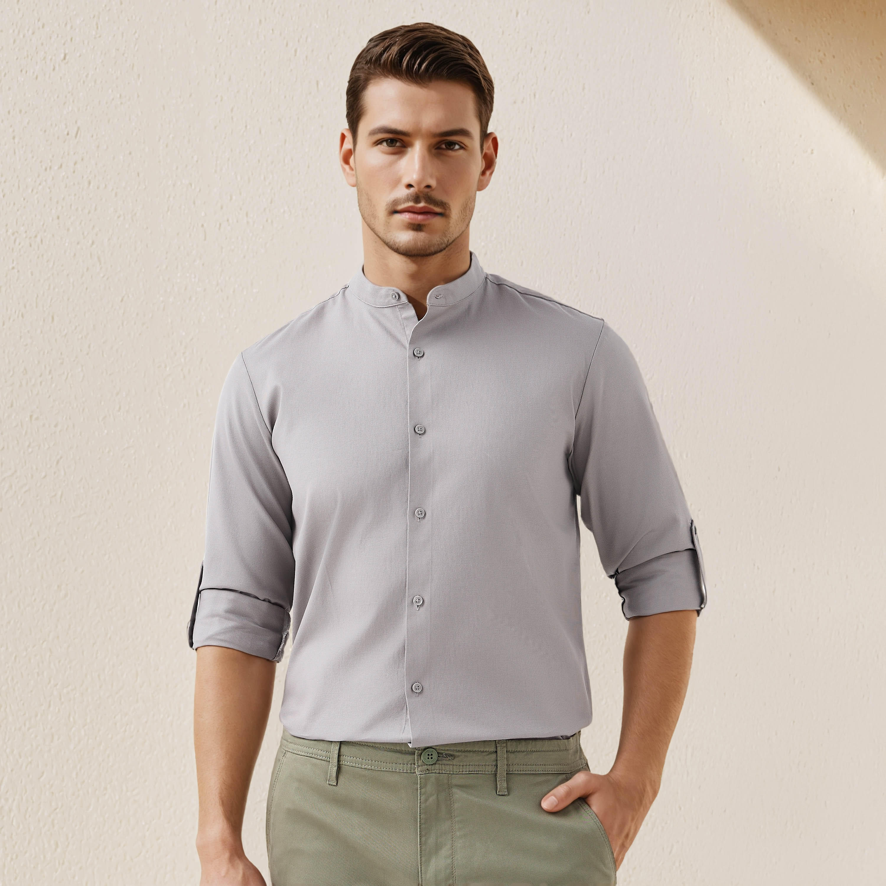 قميص بارز الملمس بياقة ماندرين وقصة عادية-men-clothing-shirts-image-1