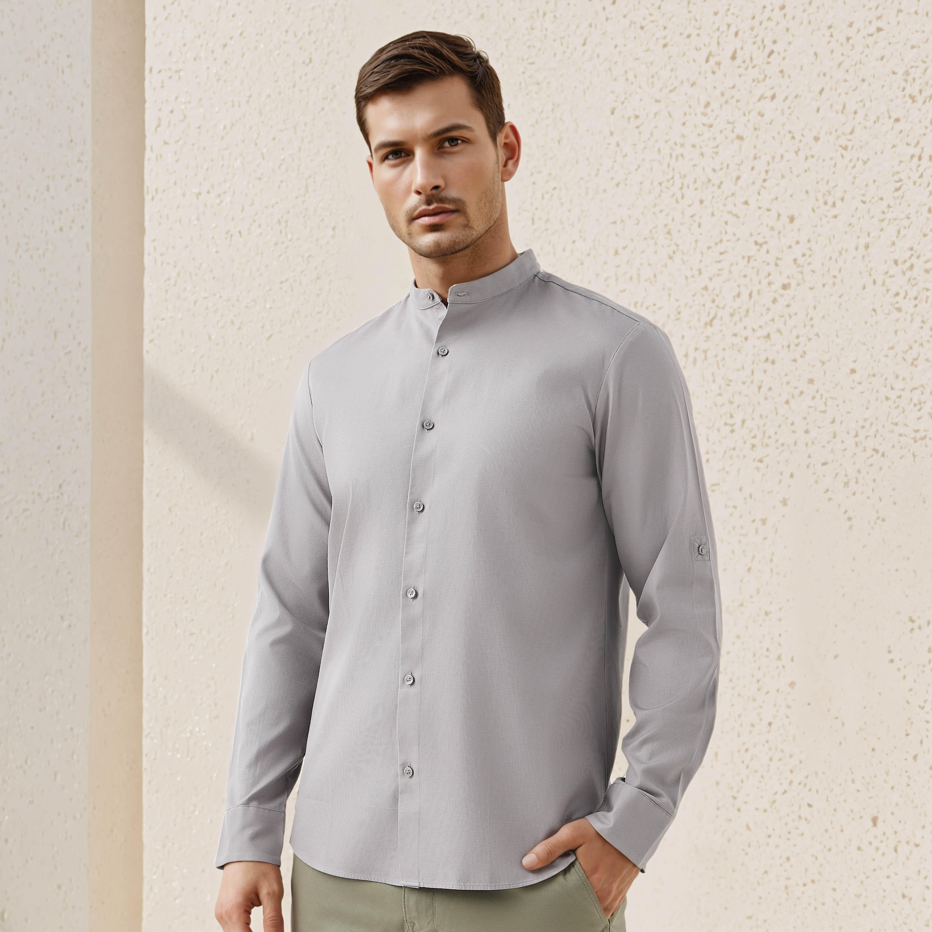 قميص بارز الملمس بياقة ماندرين وقصة عادية-men-clothing-shirts-image-6