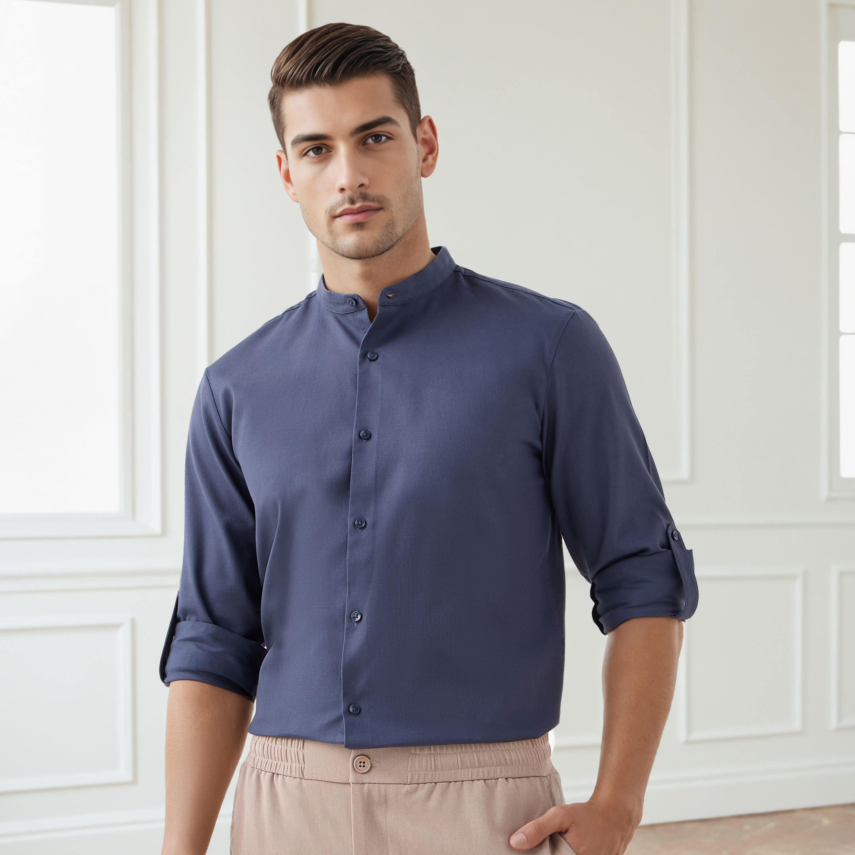 قميص بارز الملمس بياقة ماندرين وقصة عادية-men-clothing-shirts-image-1