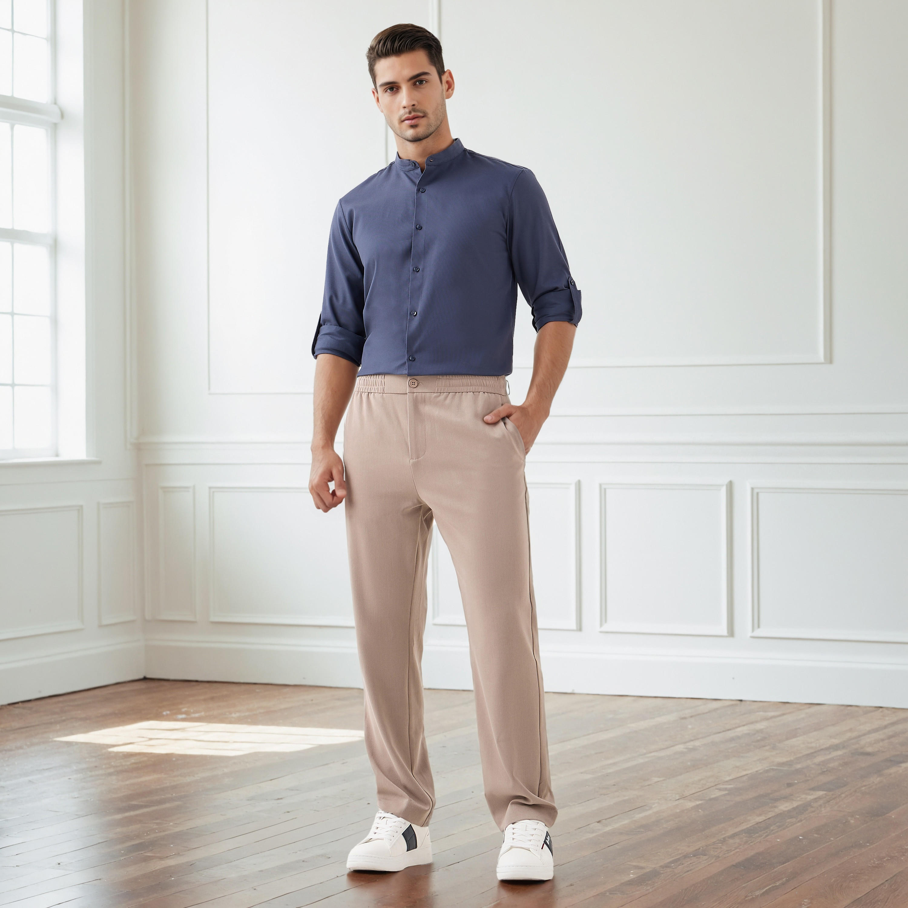 Regular Fit Textured Shirt with Mandarin Collar-men-clothing-shirts-image-2