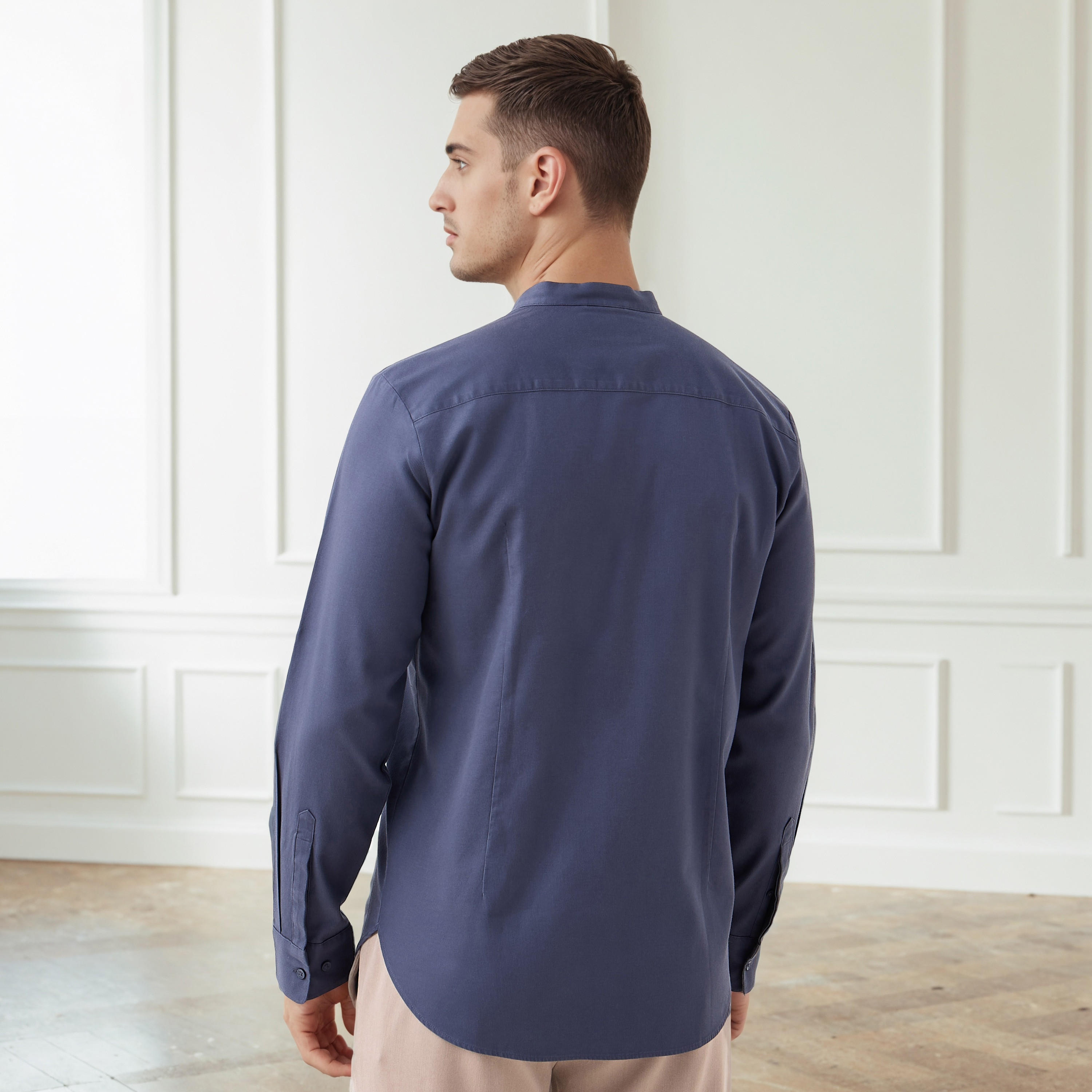 Regular Fit Textured Shirt with Mandarin Collar-men-clothing-shirts-image-3