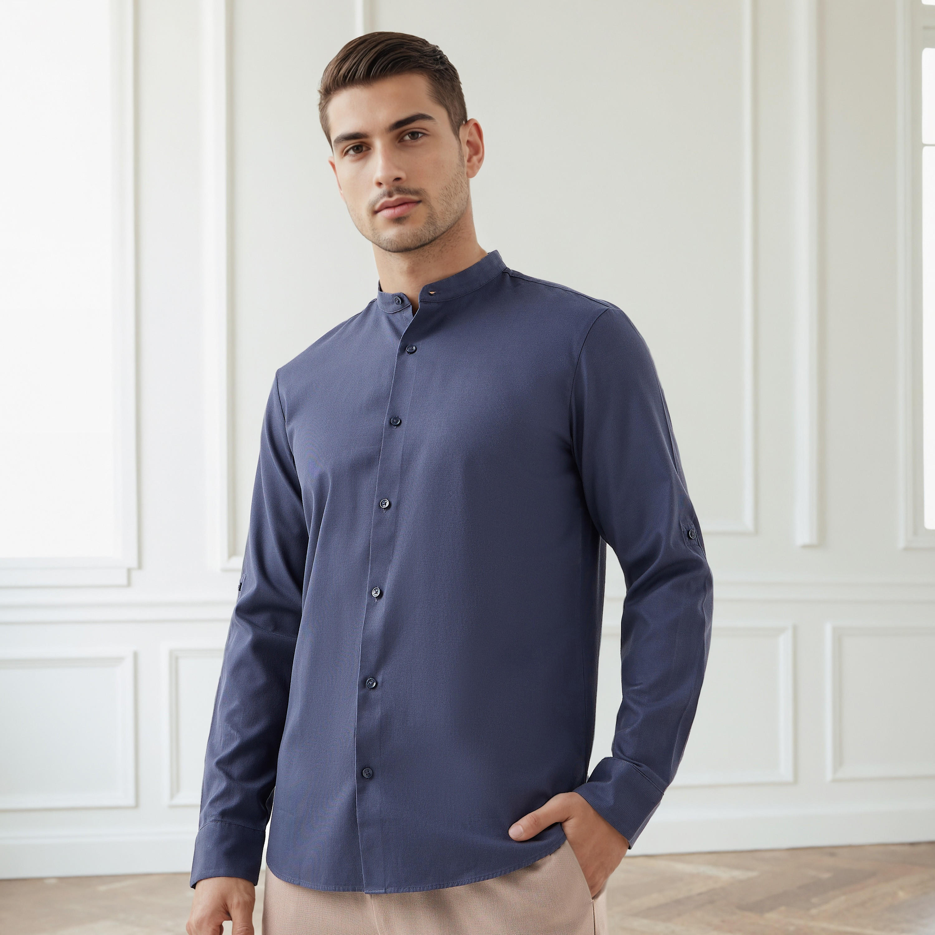 Regular Fit Textured Shirt with Mandarin Collar-men-clothing-shirts-image-6