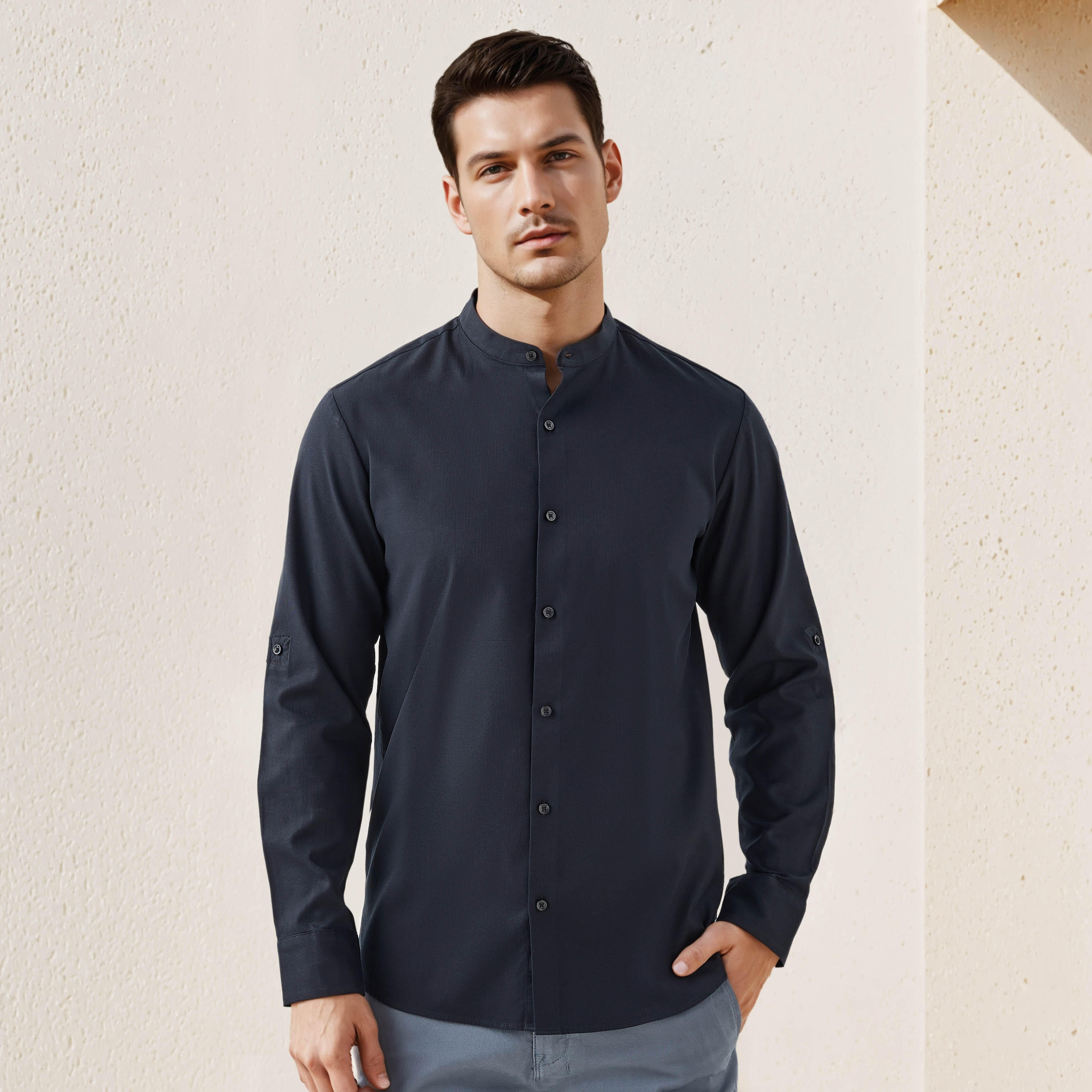 Regular Fit Textured Shirt with Mandarin Collar-men-clothing-shirts-image-1