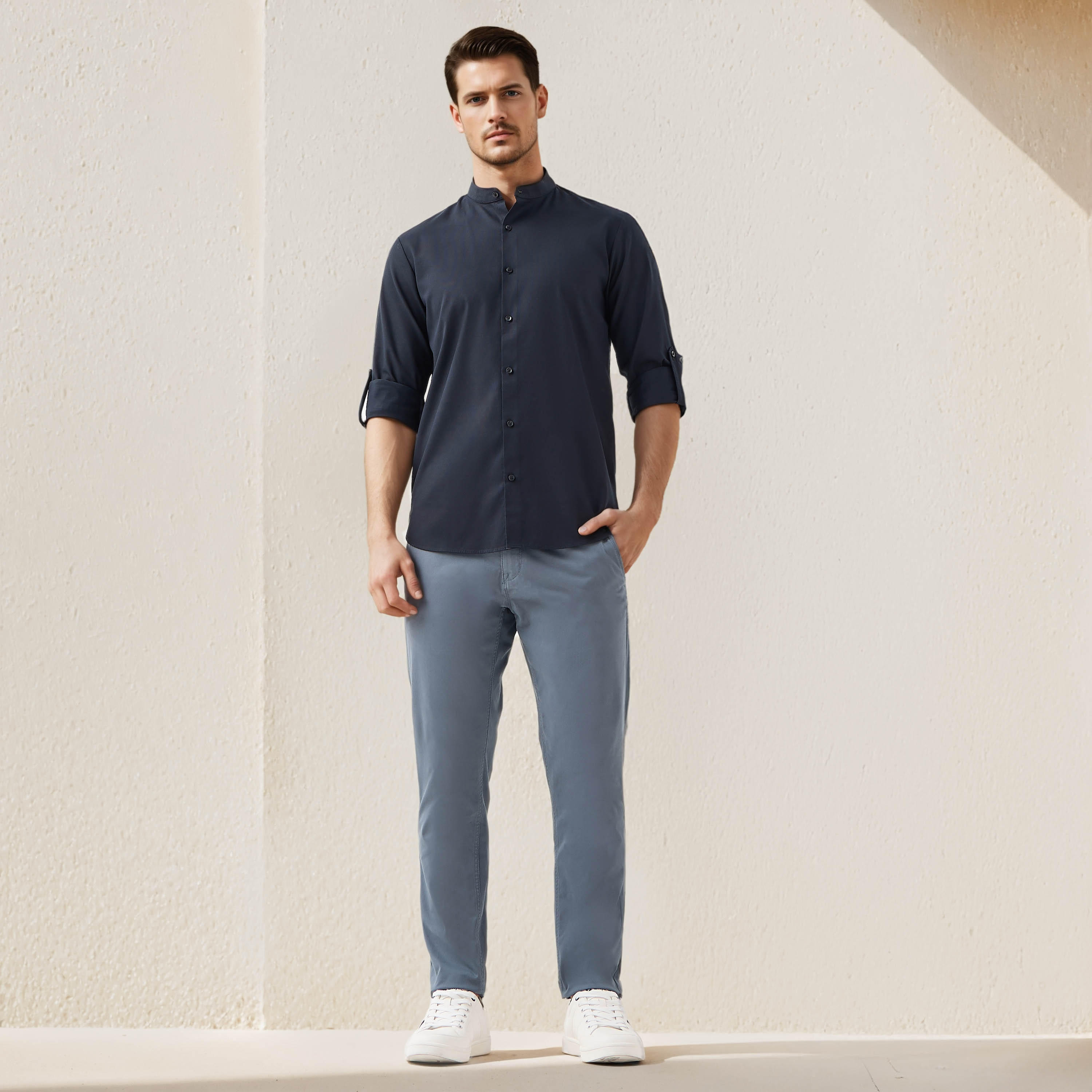 Regular Fit Textured Shirt with Mandarin Collar-men-clothing-shirts-image-2