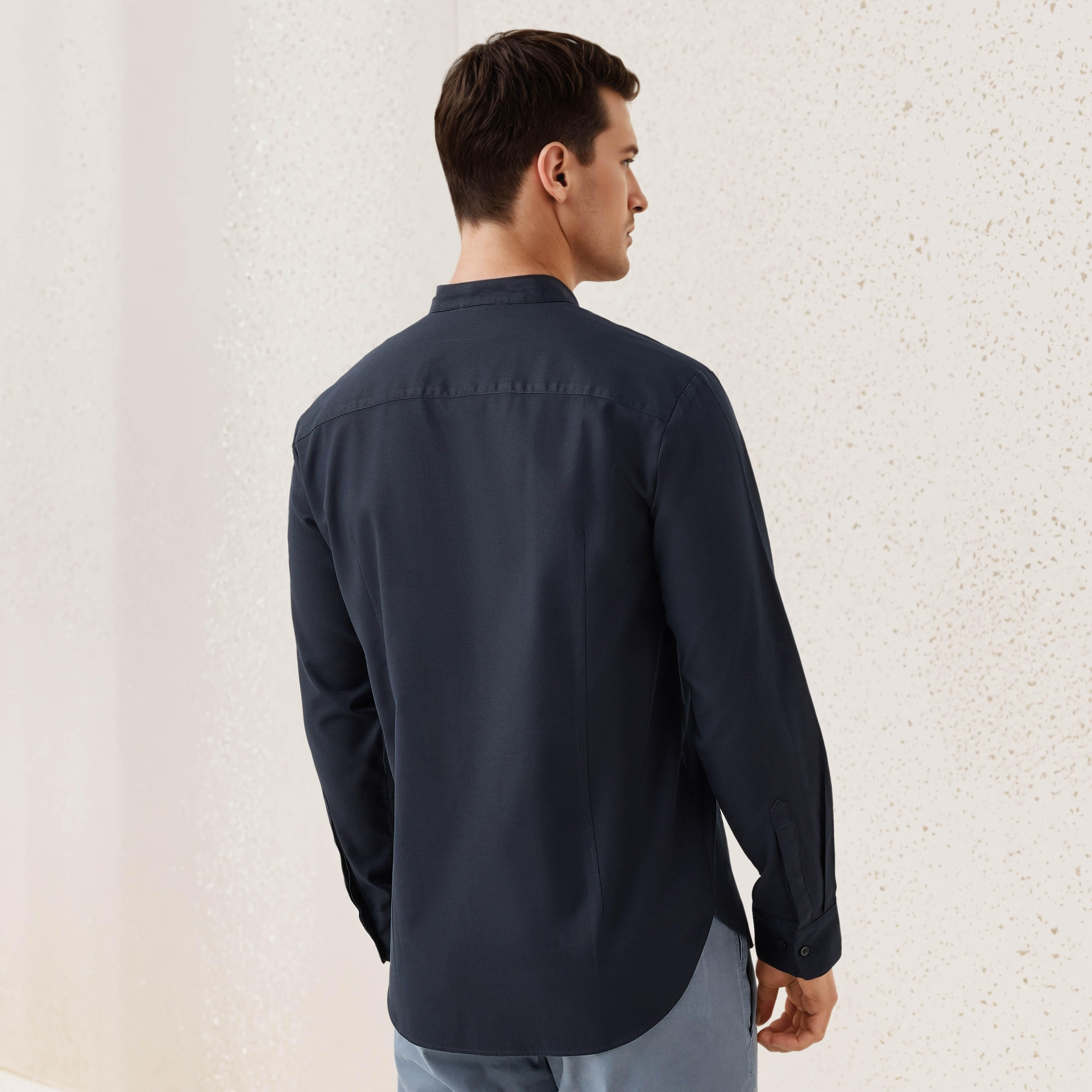 Regular Fit Textured Shirt with Mandarin Collar-men-clothing-shirts-image-3