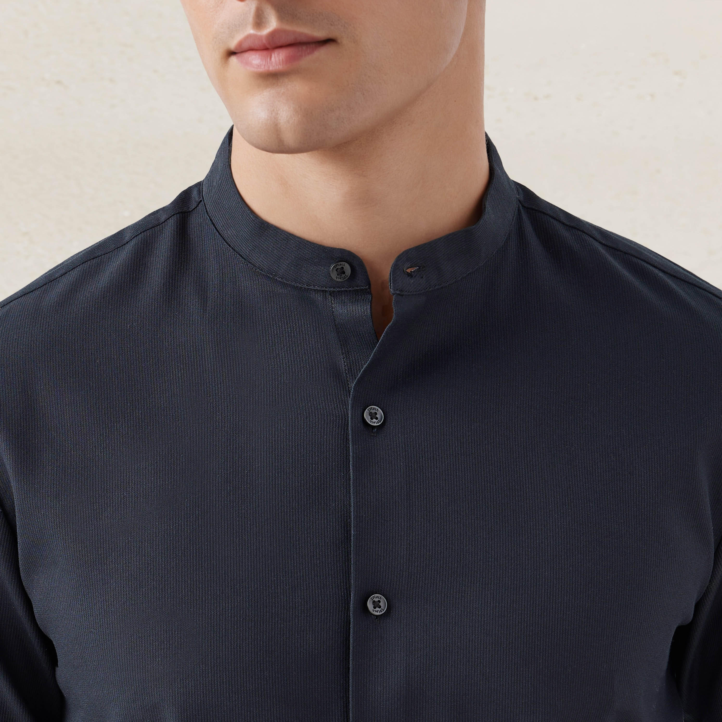 Regular Fit Textured Shirt with Mandarin Collar-men-clothing-shirts-image-5