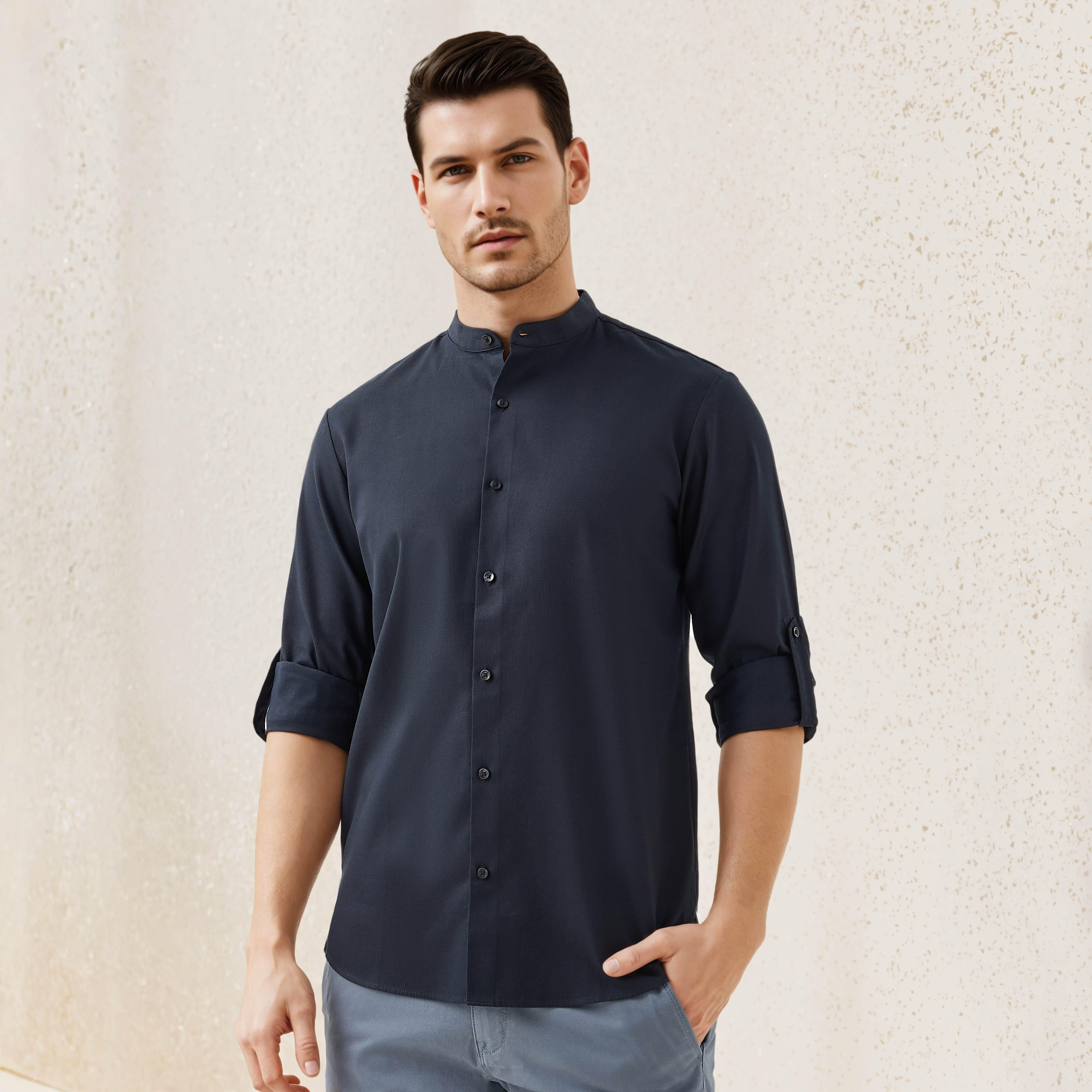 Regular Fit Textured Shirt with Mandarin Collar-men-clothing-shirts-image-6