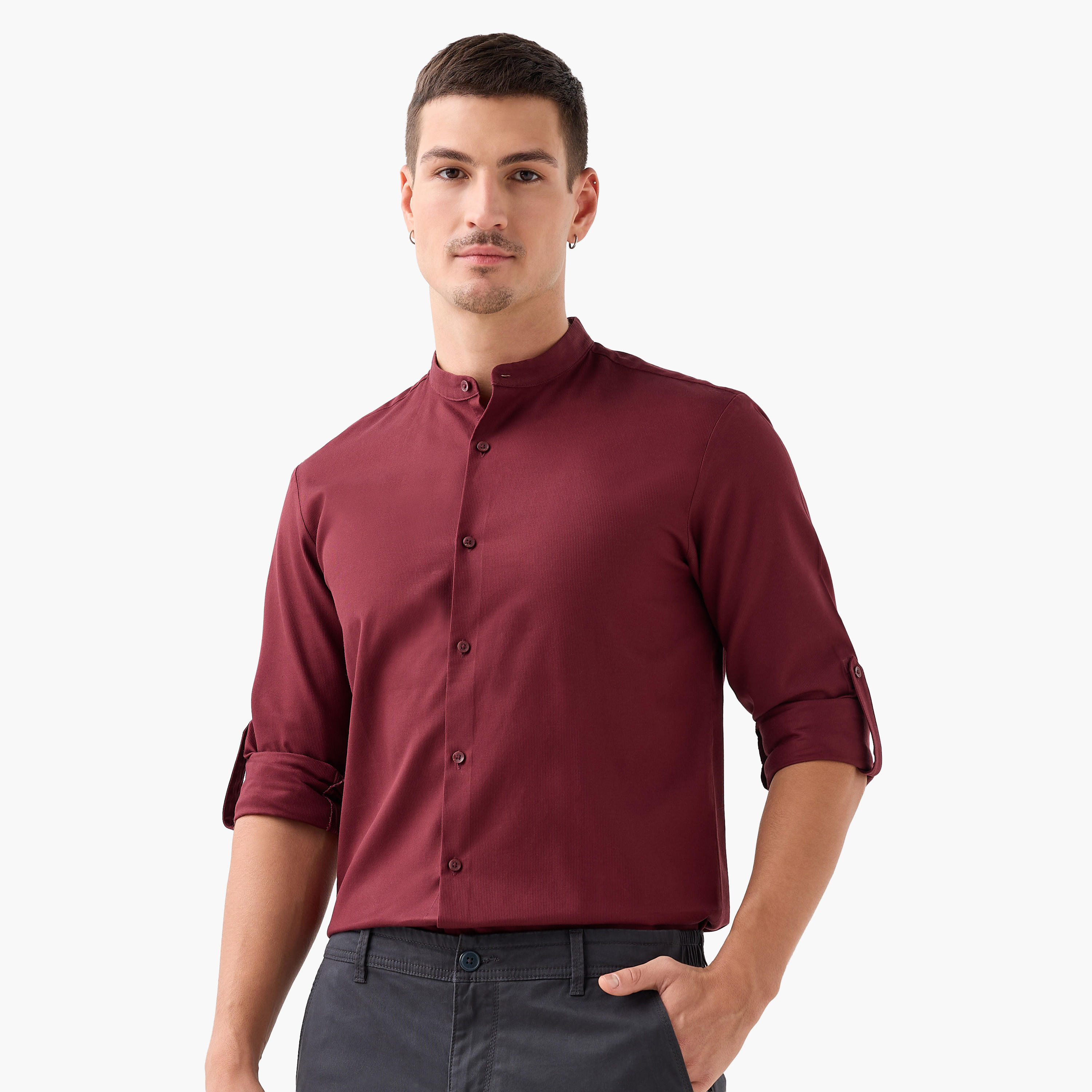 Regular Fit Textured Shirt with Mandarin Collar-men-clothing-shirts-image-1