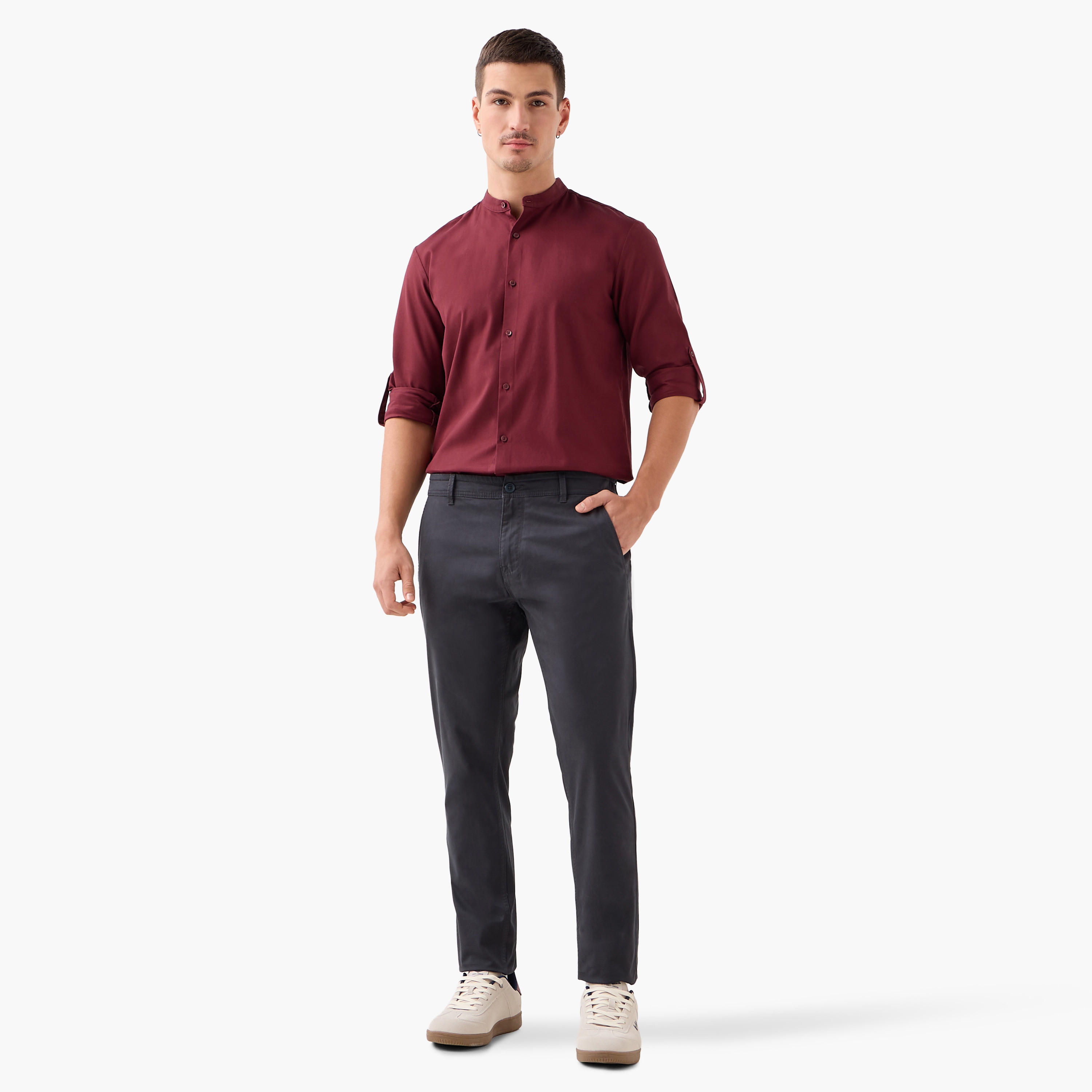 Regular Fit Textured Shirt with Mandarin Collar-men-clothing-shirts-image-2