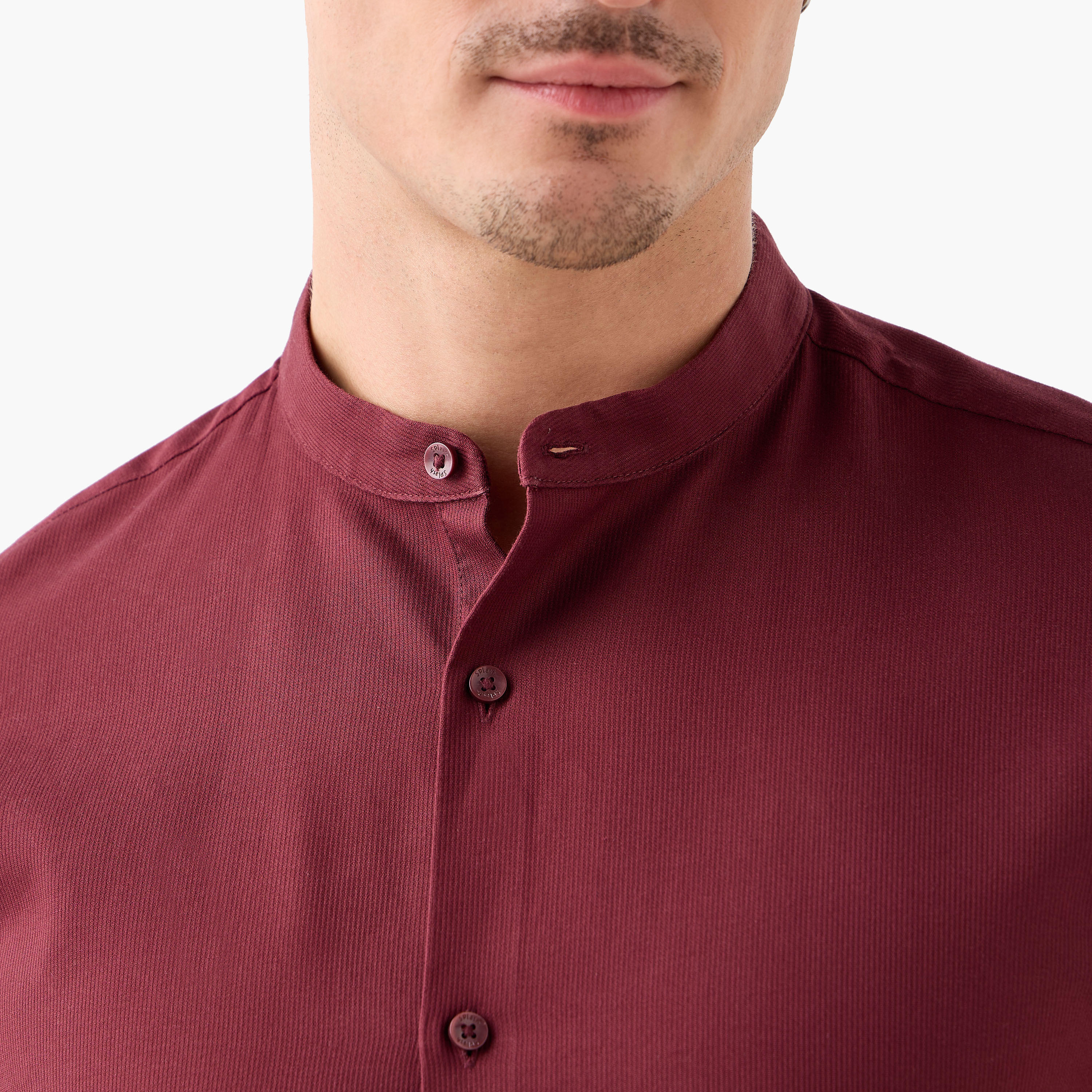 Regular Fit Textured Shirt with Mandarin Collar-men-clothing-shirts-image-3