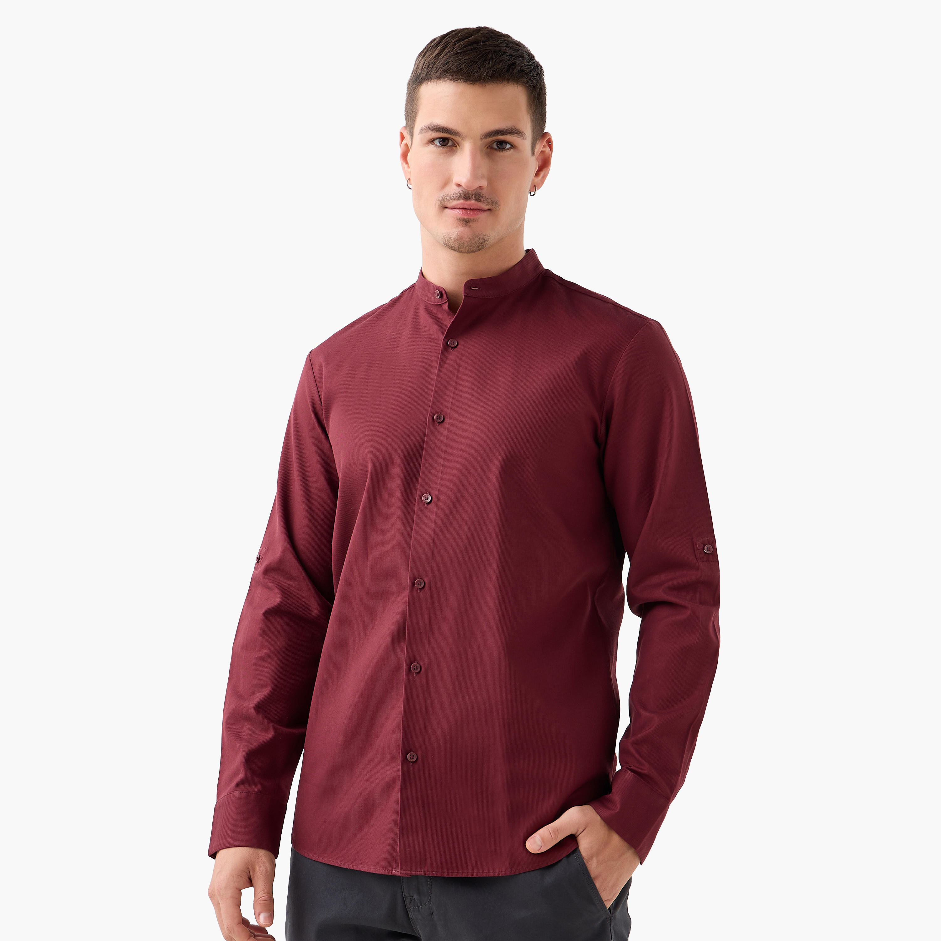 Regular Fit Textured Shirt with Mandarin Collar-men-clothing-shirts-image-4