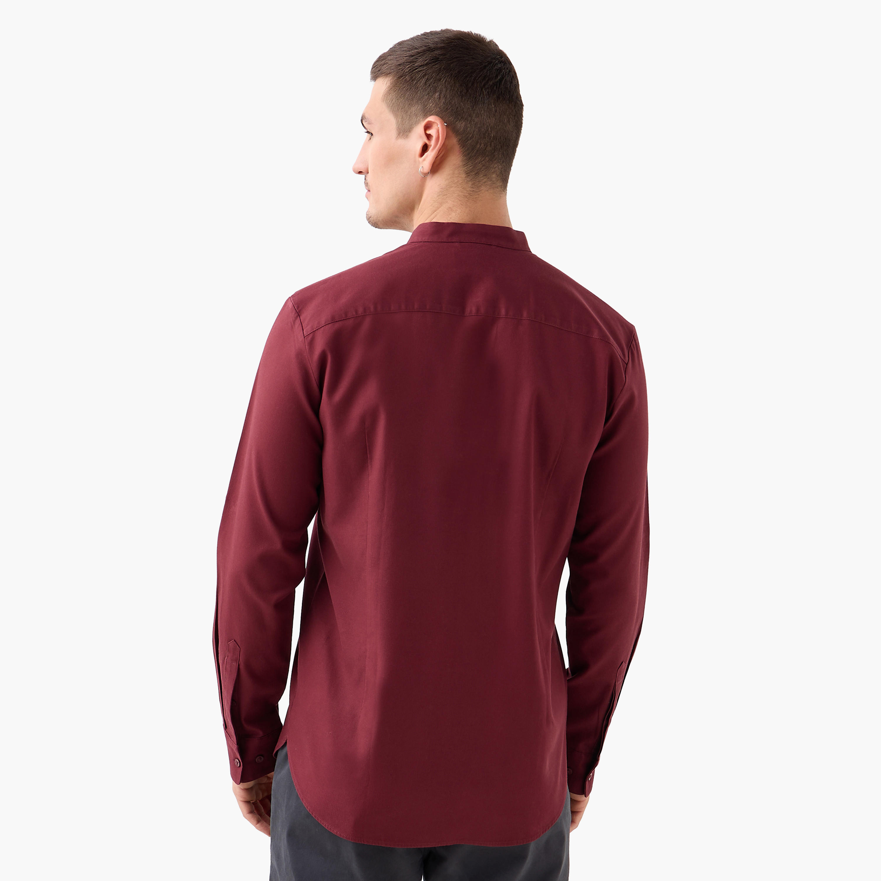 Regular Fit Textured Shirt with Mandarin Collar-men-clothing-shirts-image-5