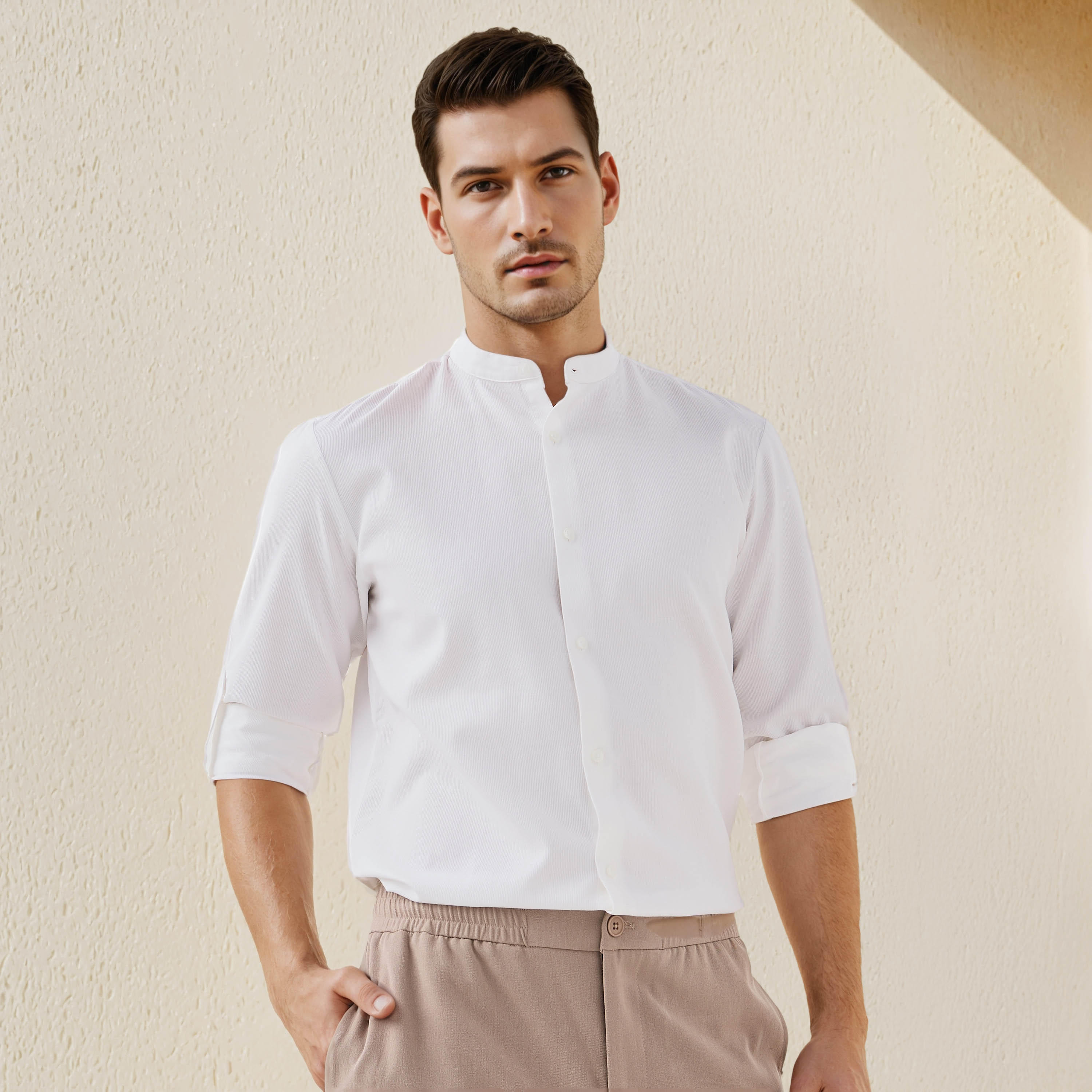 Regular Fit Textured Shirt with Mandarin Collar-men-clothing-shirts-image-1