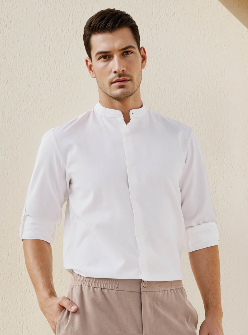 Regular Fit Textured Shirt with Mandarin Collar-men-clothing-shirts-image-1