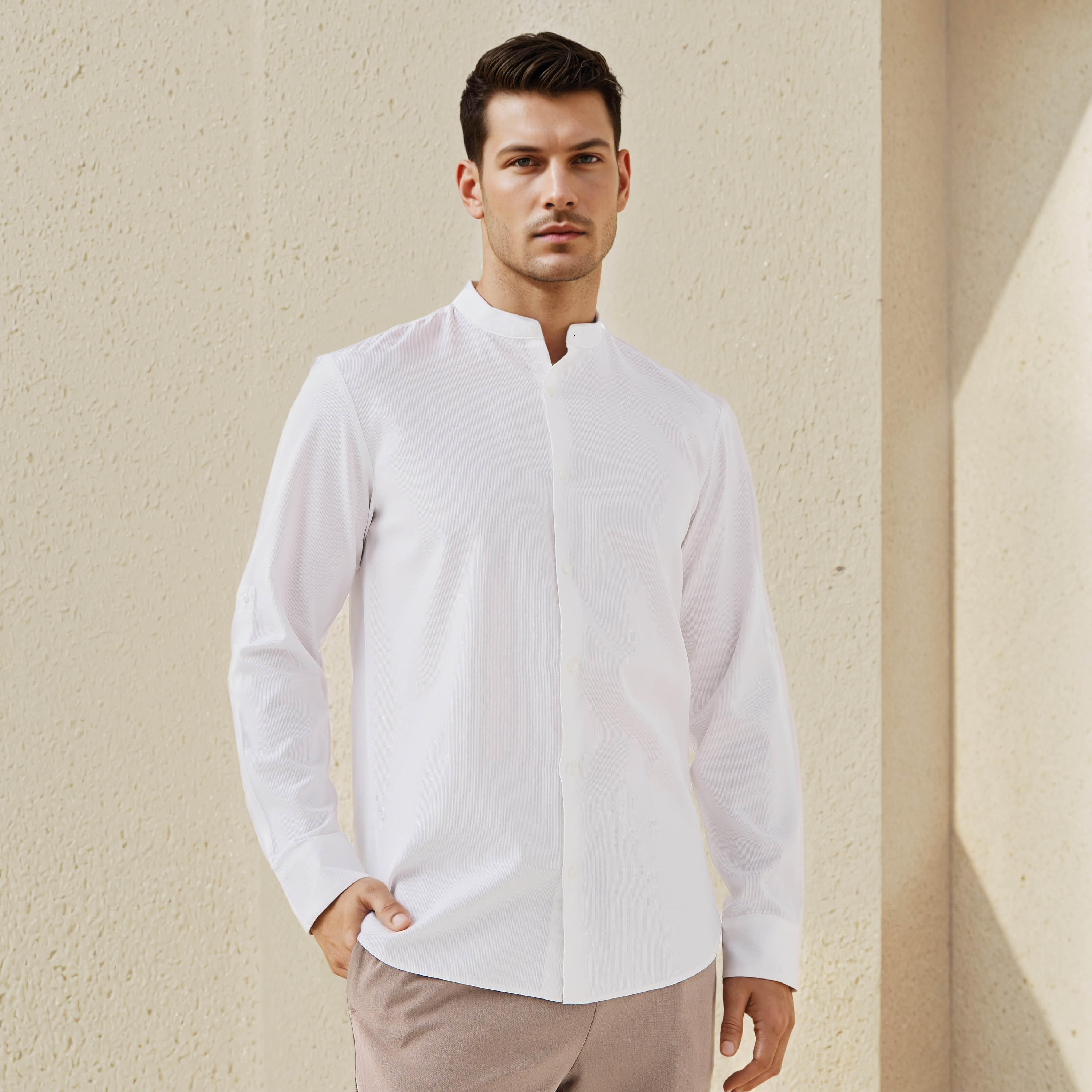 قميص بارز الملمس بياقة ماندرين وقصة عادية-men-clothing-shirts-image-1