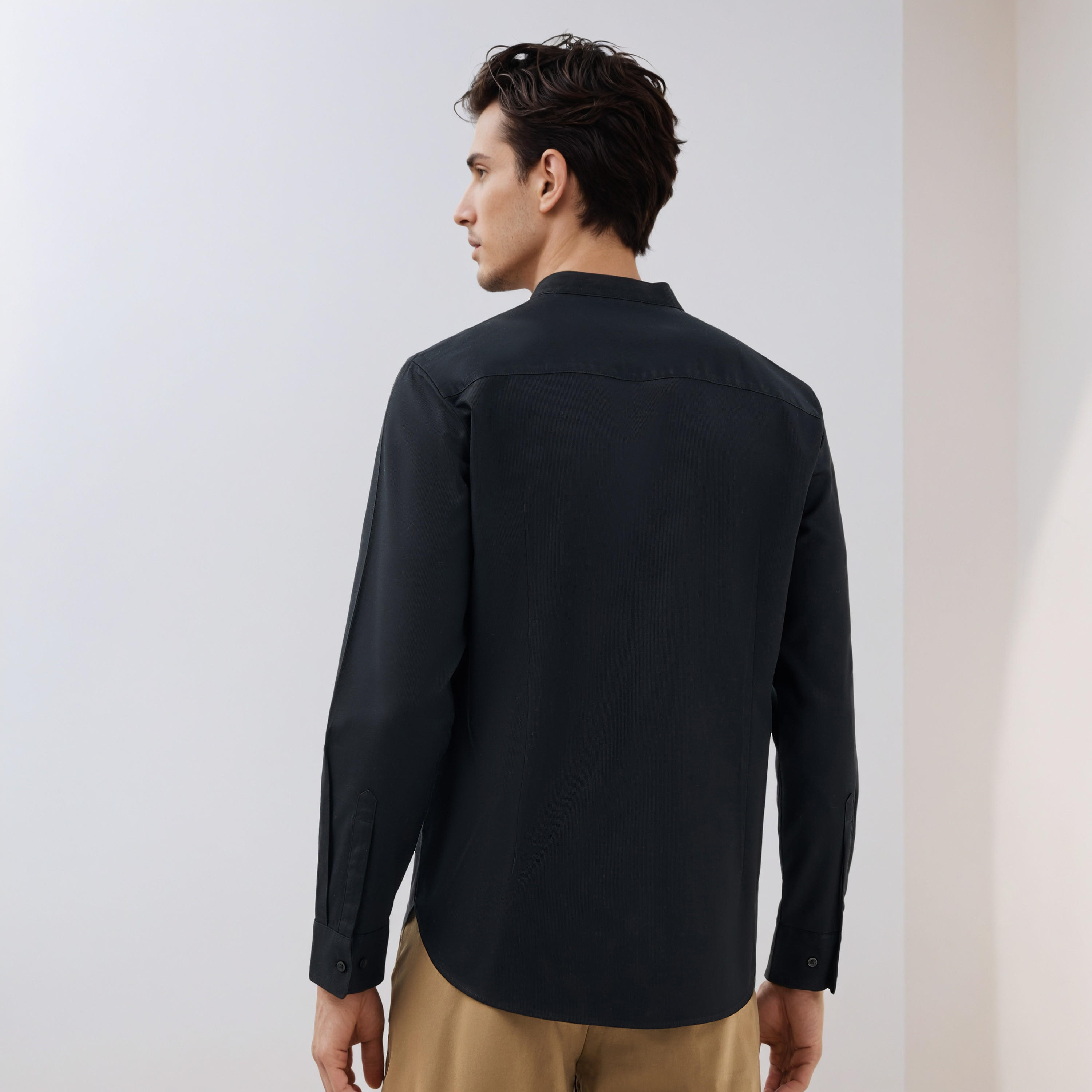 Regular Fit Textured Mandarin Collar Shirt with Long Sleeves-men-clothing-shirts-image-3