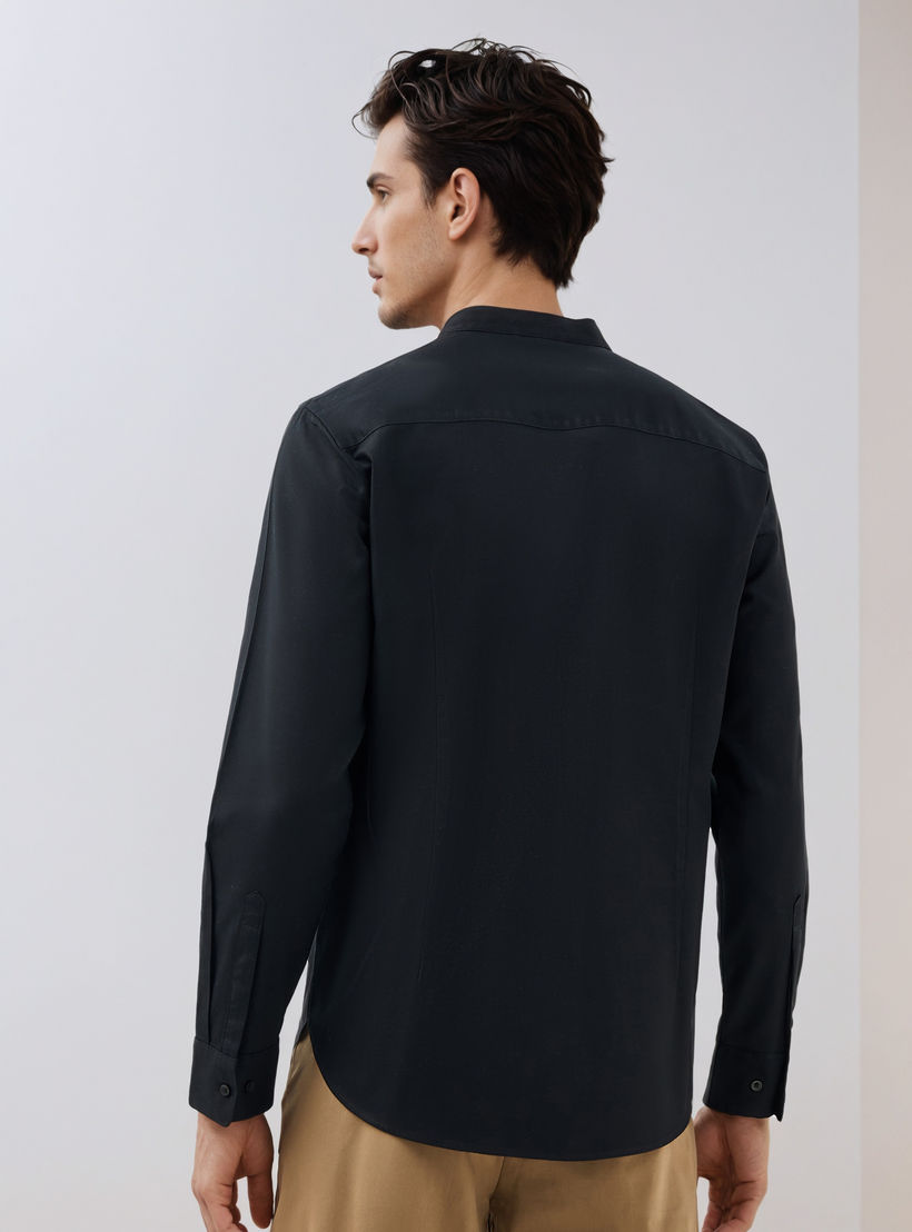 Regular Fit Textured Mandarin Collar Shirt with Long Sleeves-men-clothing-shirts-image-3