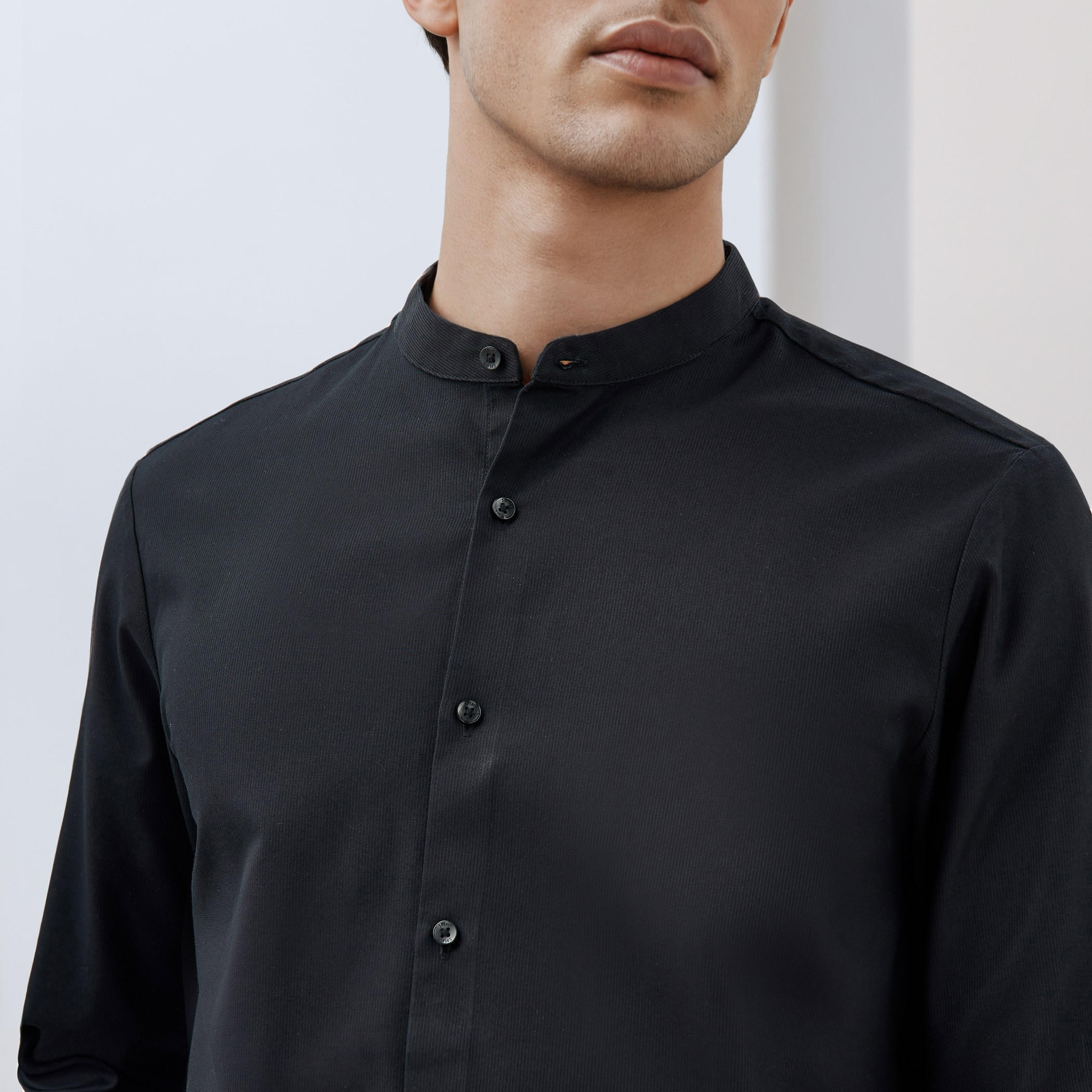 Regular Fit Textured Mandarin Collar Shirt with Long Sleeves-men-clothing-shirts-image-4