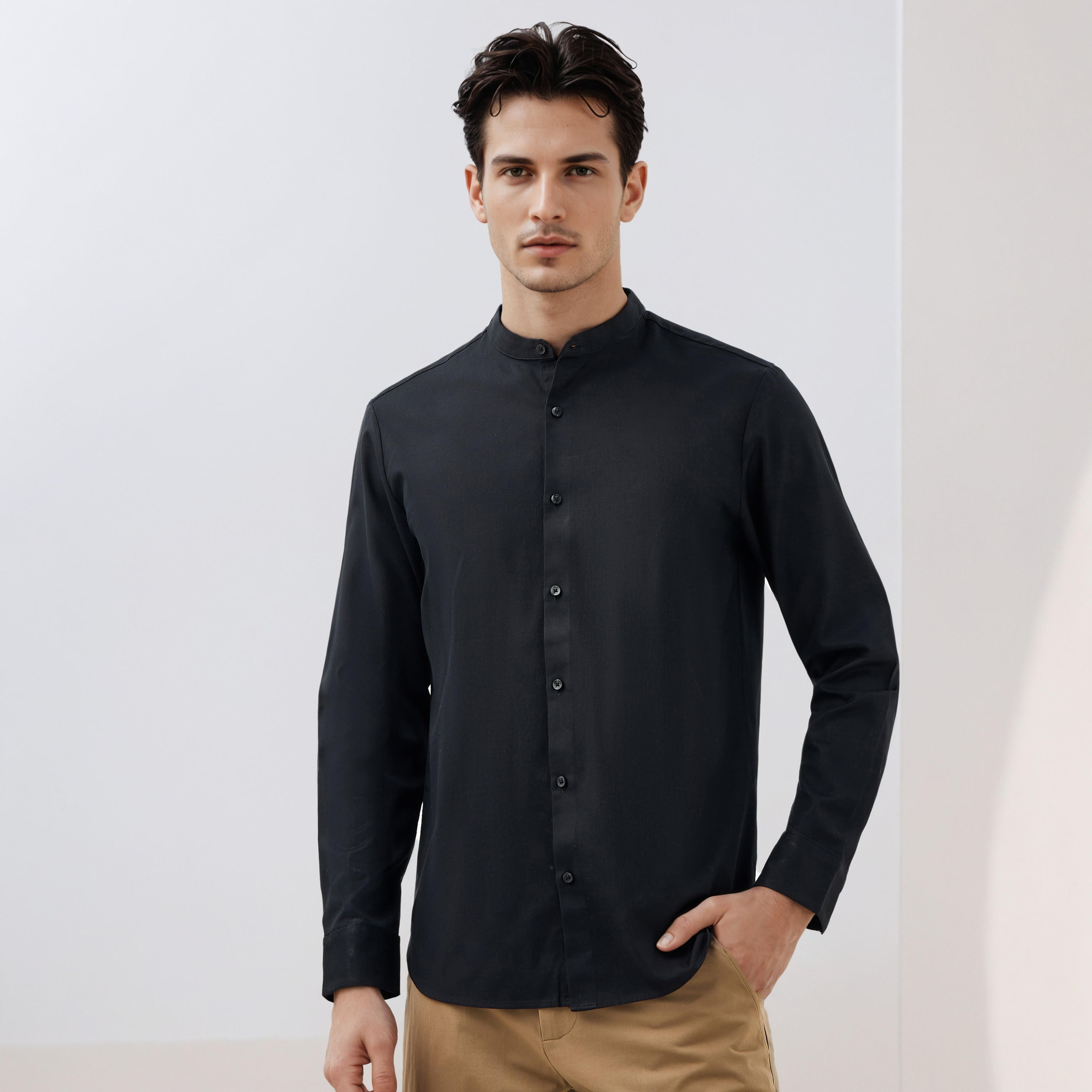 Regular Fit Textured Mandarin Collar Shirt with Long Sleeves-men-clothing-shirts-image-5