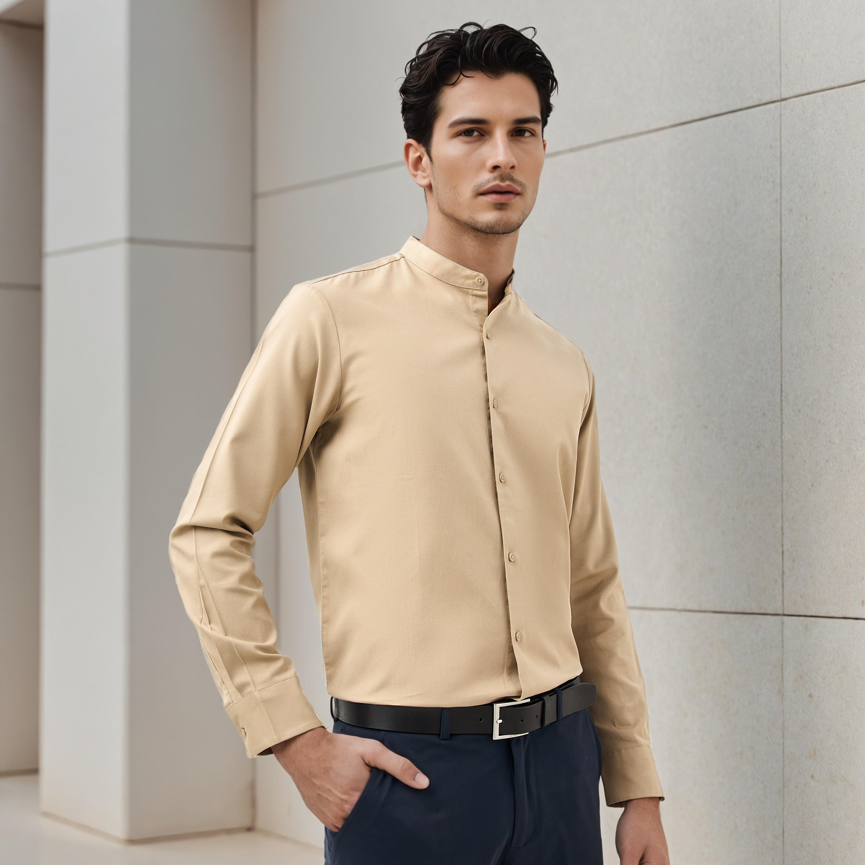 قميص بارز الملمس بقصة عادية وياقة ماندارين وأكمام طويلة-men-clothing-shirts-image-1