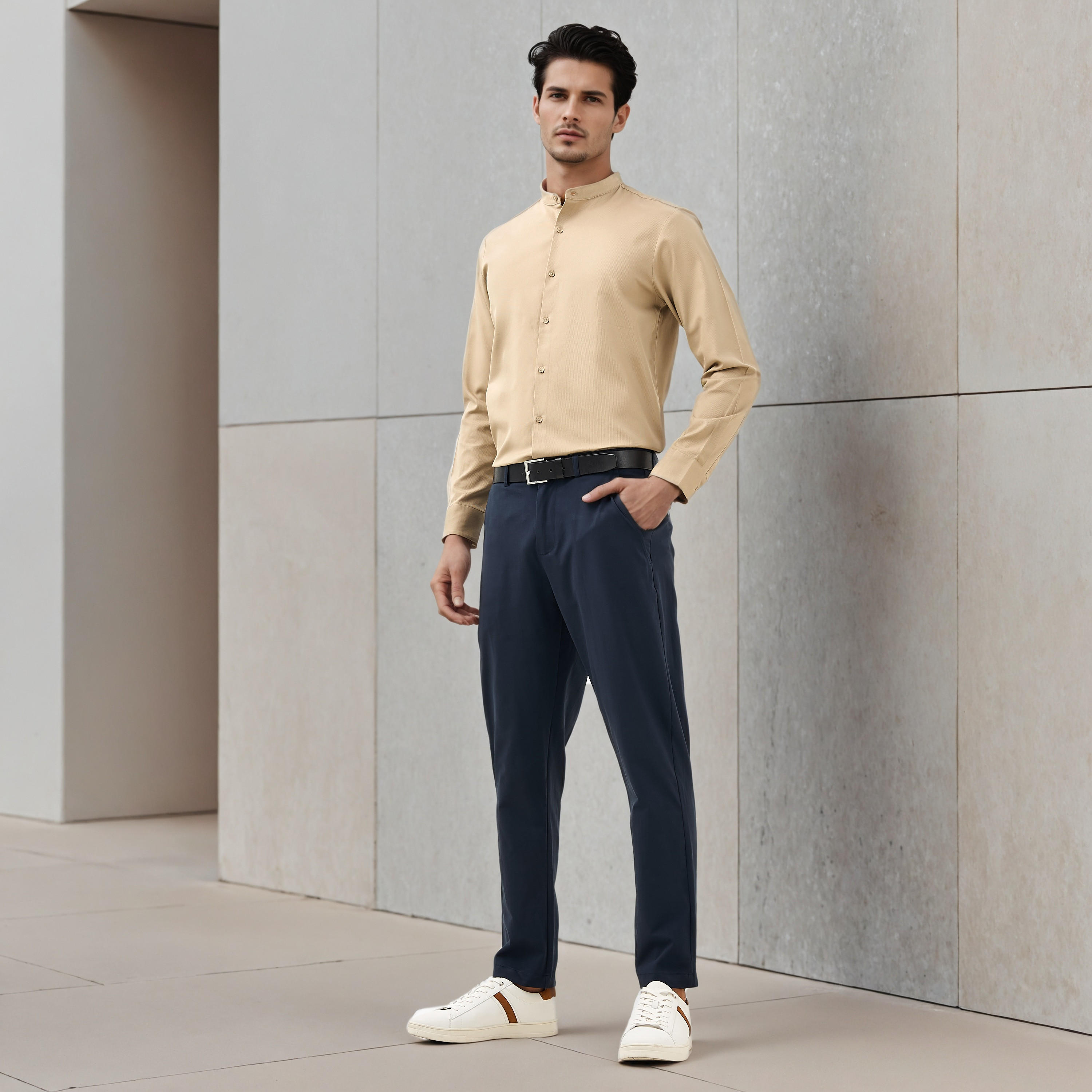 قميص بارز الملمس بقصة عادية وياقة ماندارين وأكمام طويلة-men-clothing-shirts-image-2