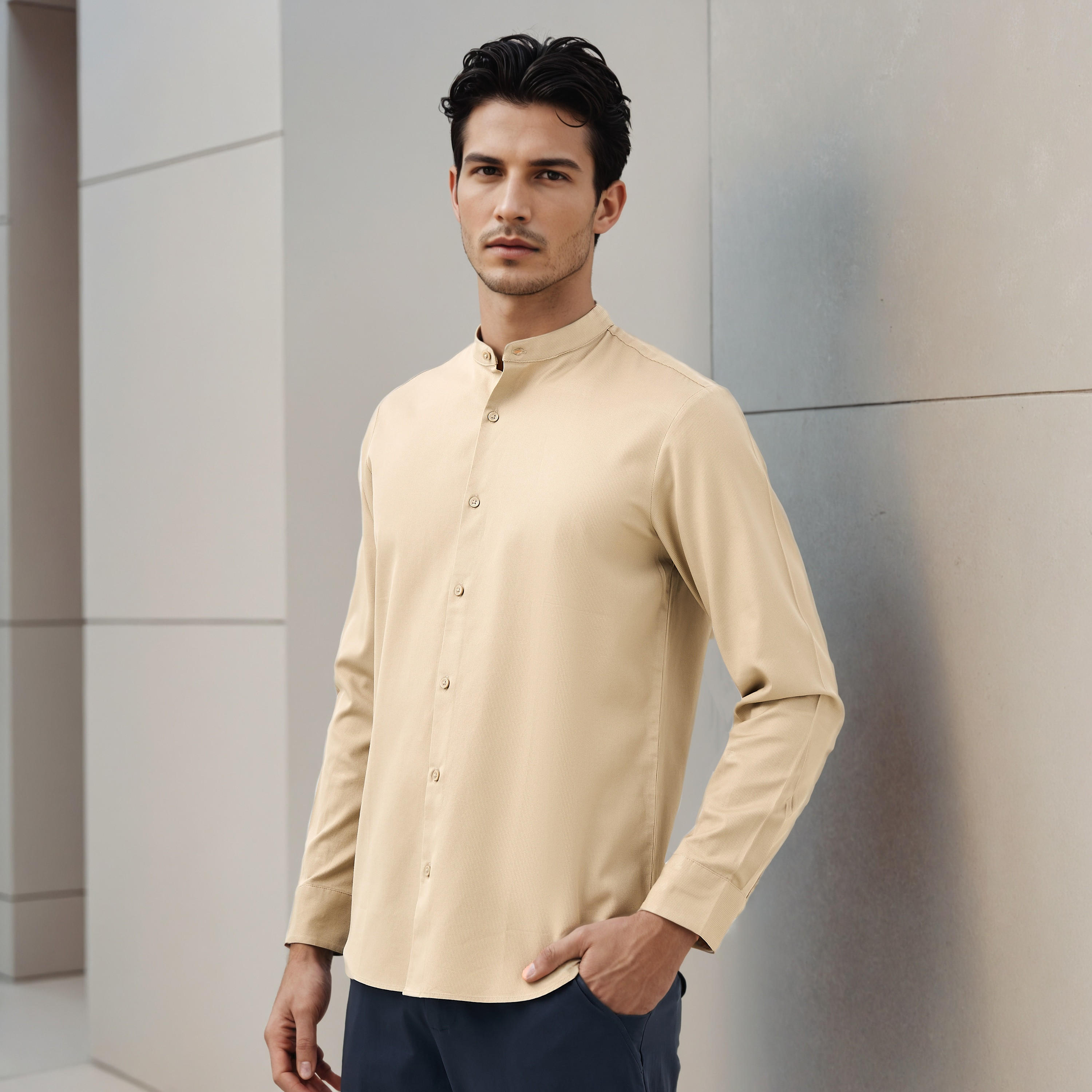 قميص بارز الملمس بقصة عادية وياقة ماندارين وأكمام طويلة-men-clothing-shirts-image-5
