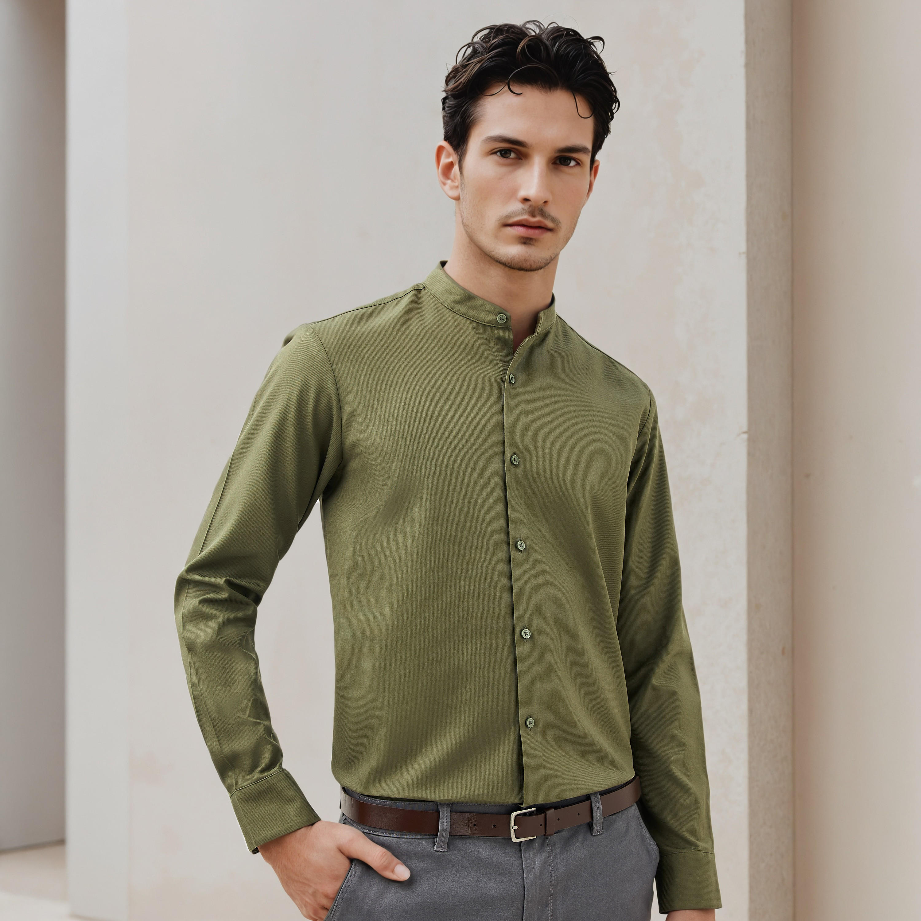 Regular Fit Textured Mandarin Collar Shirt with Long Sleeves-men-clothing-shirts-image-1