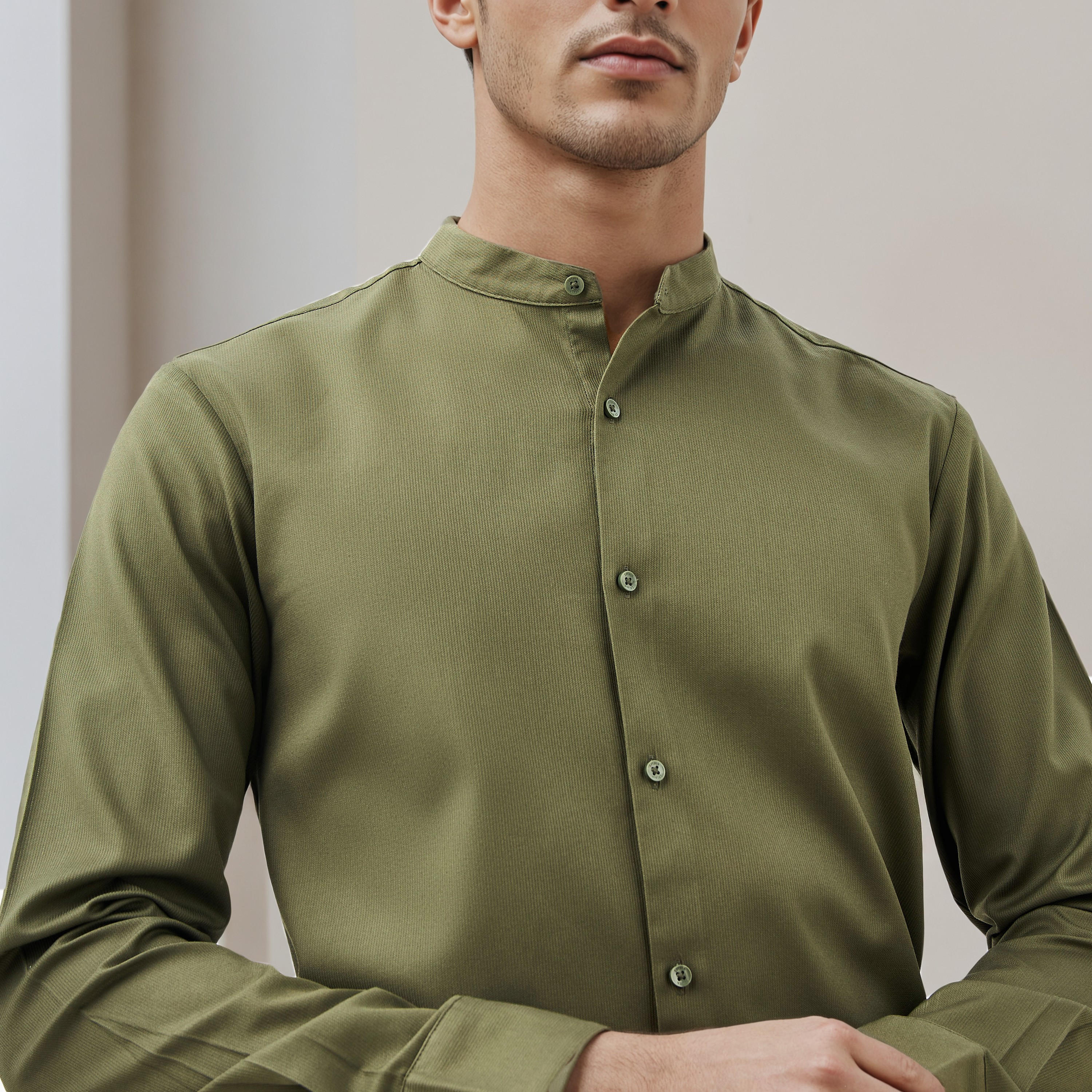 Regular Fit Textured Mandarin Collar Shirt with Long Sleeves-men-clothing-shirts-image-4