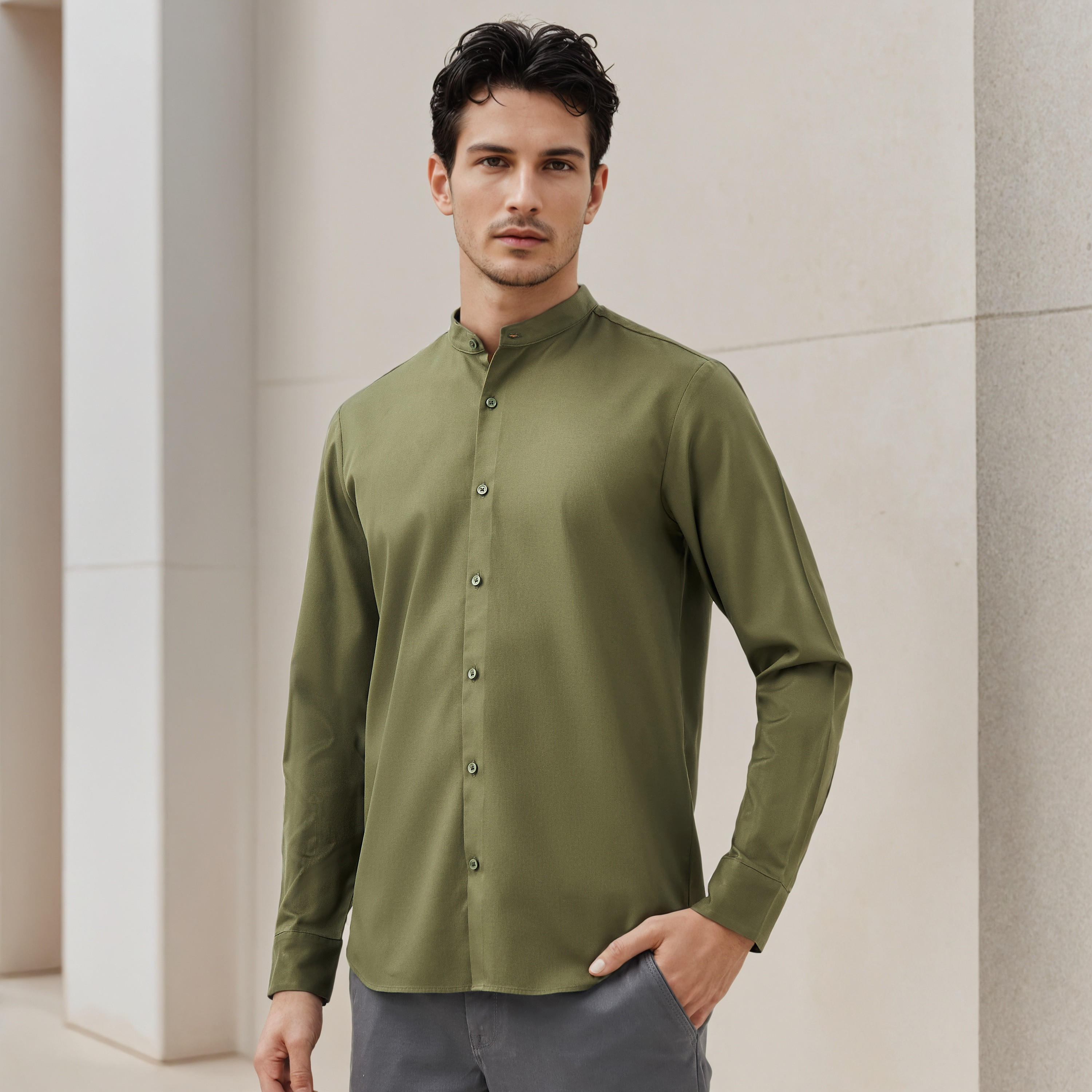 Regular Fit Textured Mandarin Collar Shirt with Long Sleeves-men-clothing-shirts-image-5