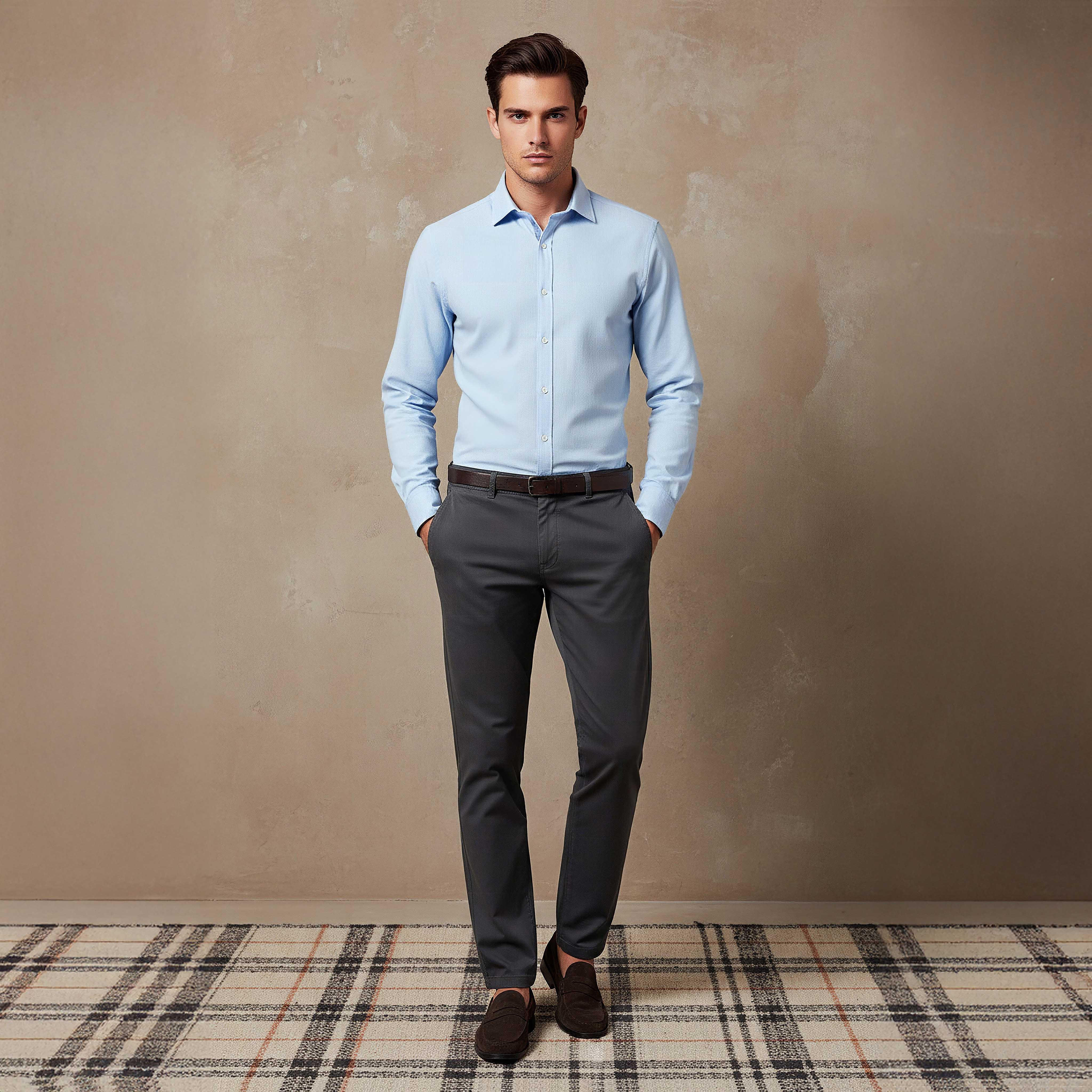 بنطلون تشينو رجالي من مزبج قطني بقصة سليم وحلقات حزام-men-clothing-bottoms-trousersandchinos-chinos-image-2