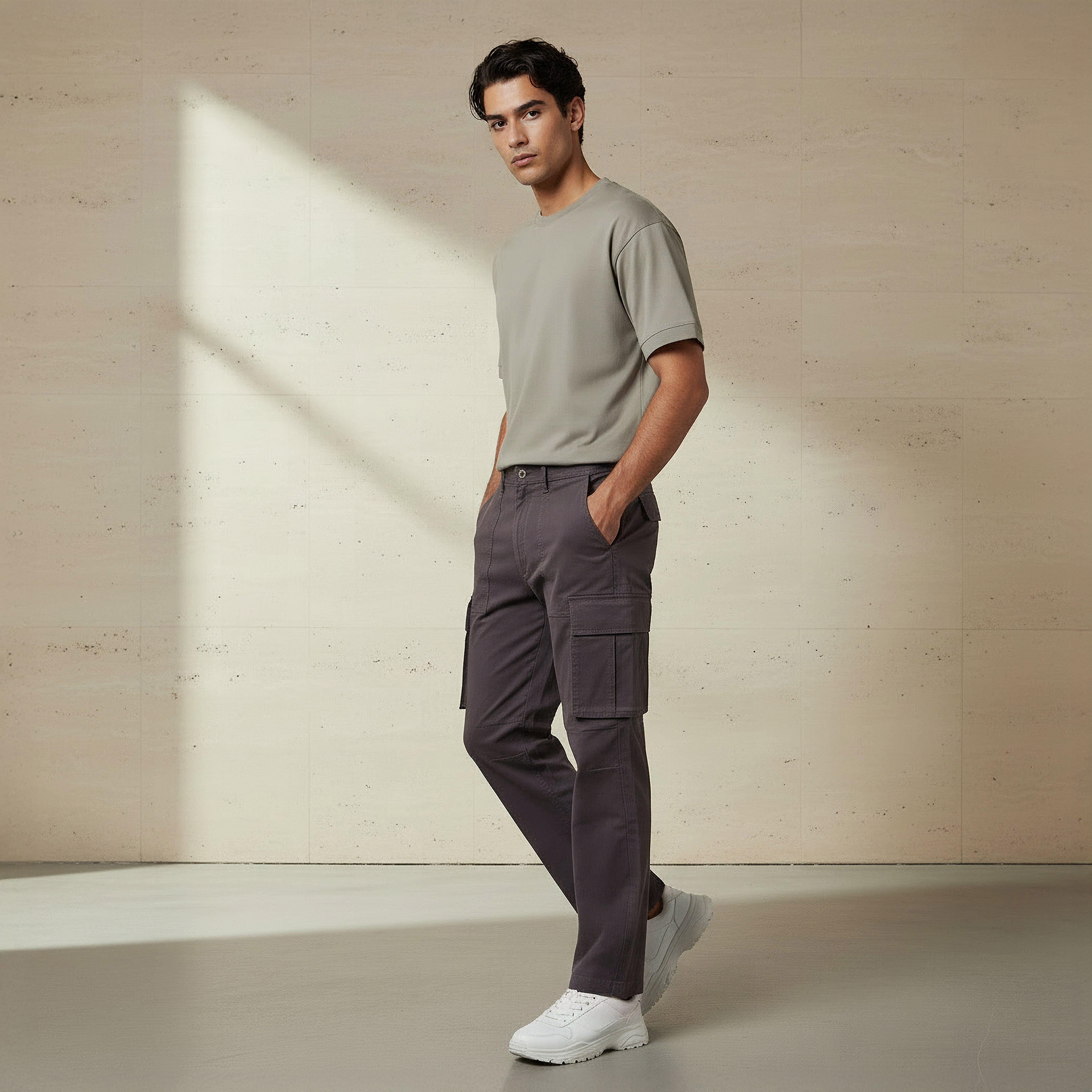 Men Regular Fit Twill Cargo Trousers-men-clothing-bottoms-trousersandchinos-trousers-image-2