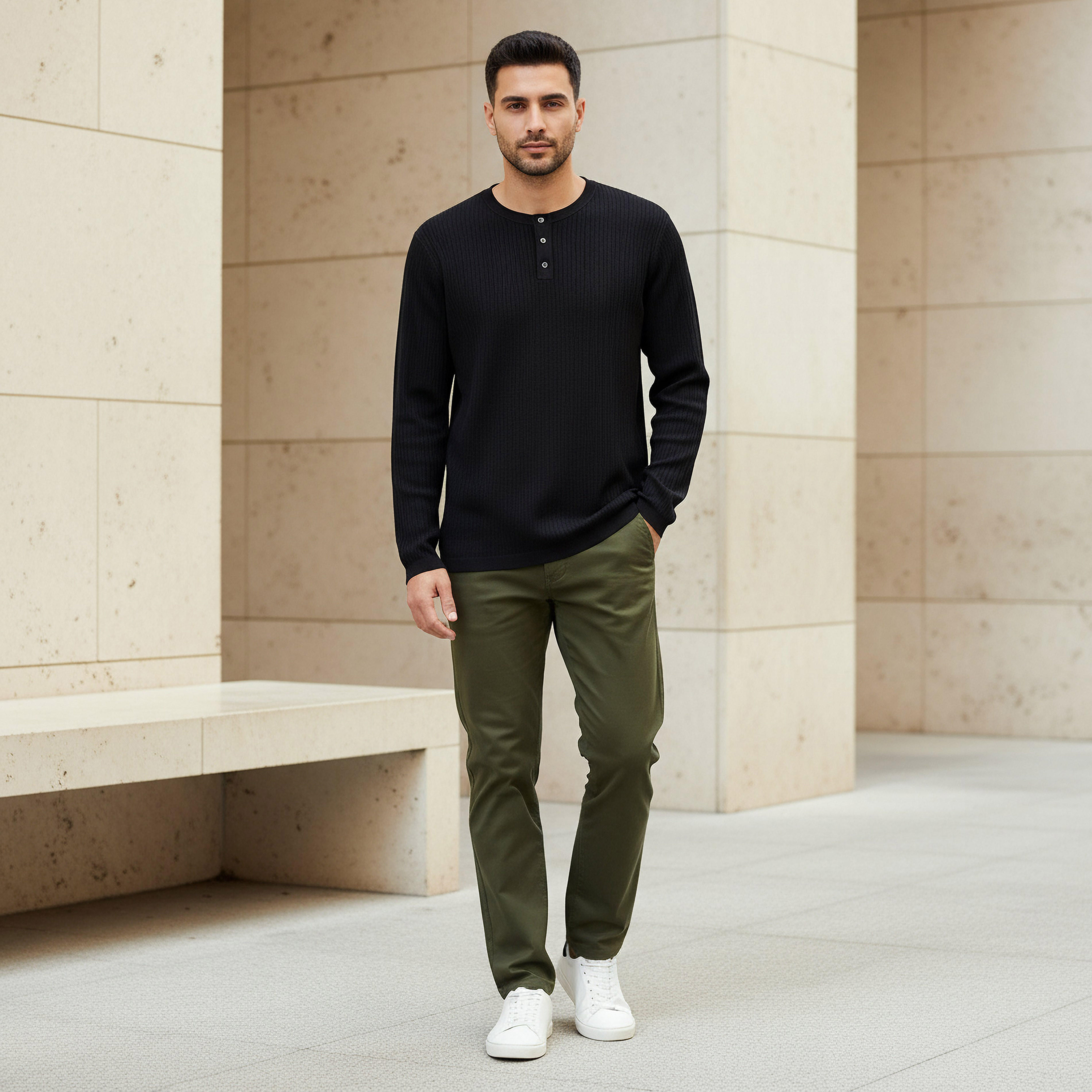 سويت شيرت مضلع بقصّة سليم وياقة هينلي للرجال-men-winterwear-hoodiesandsweatshirts-image-2