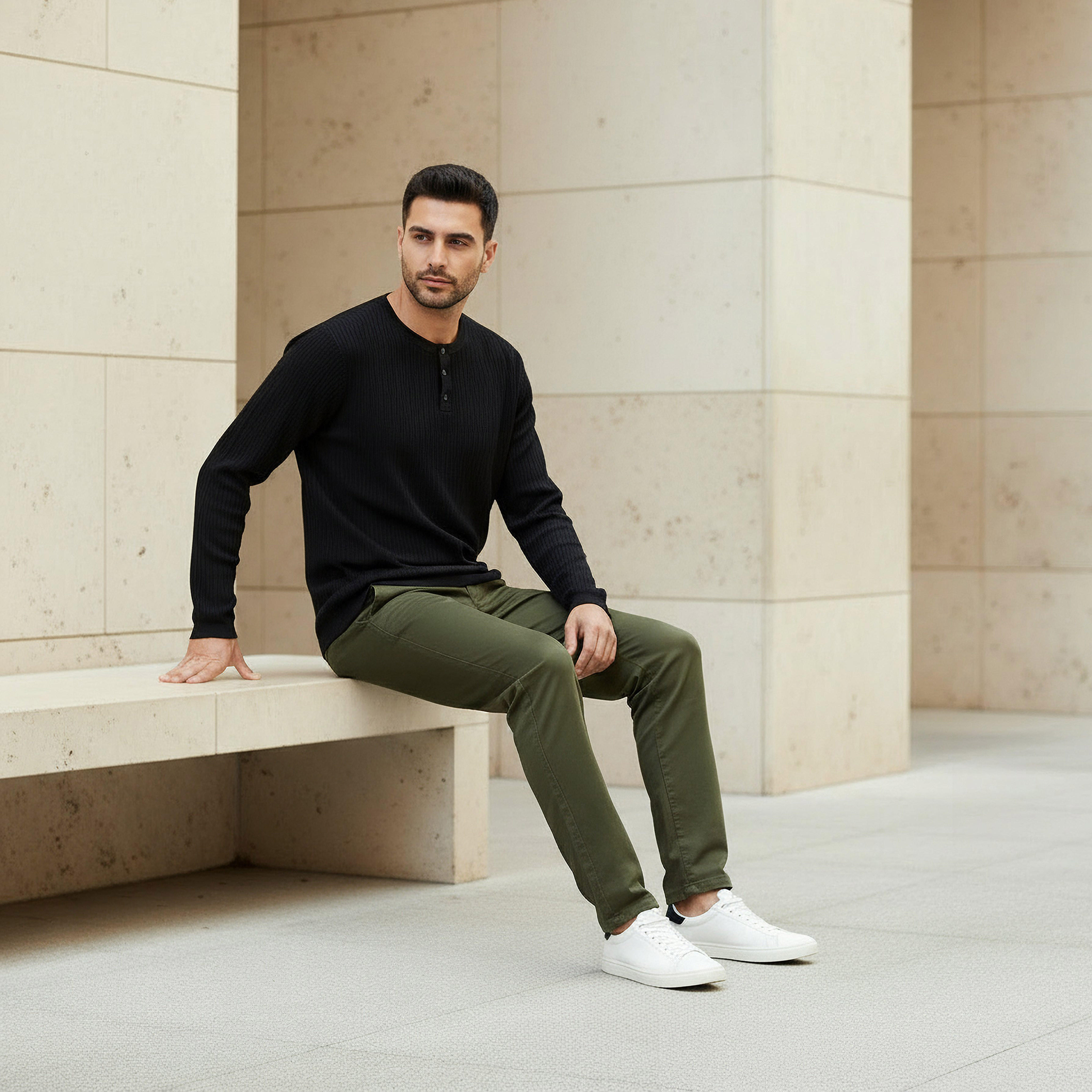 سويت شيرت مضلع بقصّة سليم وياقة هينلي للرجال-men-winterwear-hoodiesandsweatshirts-image-5