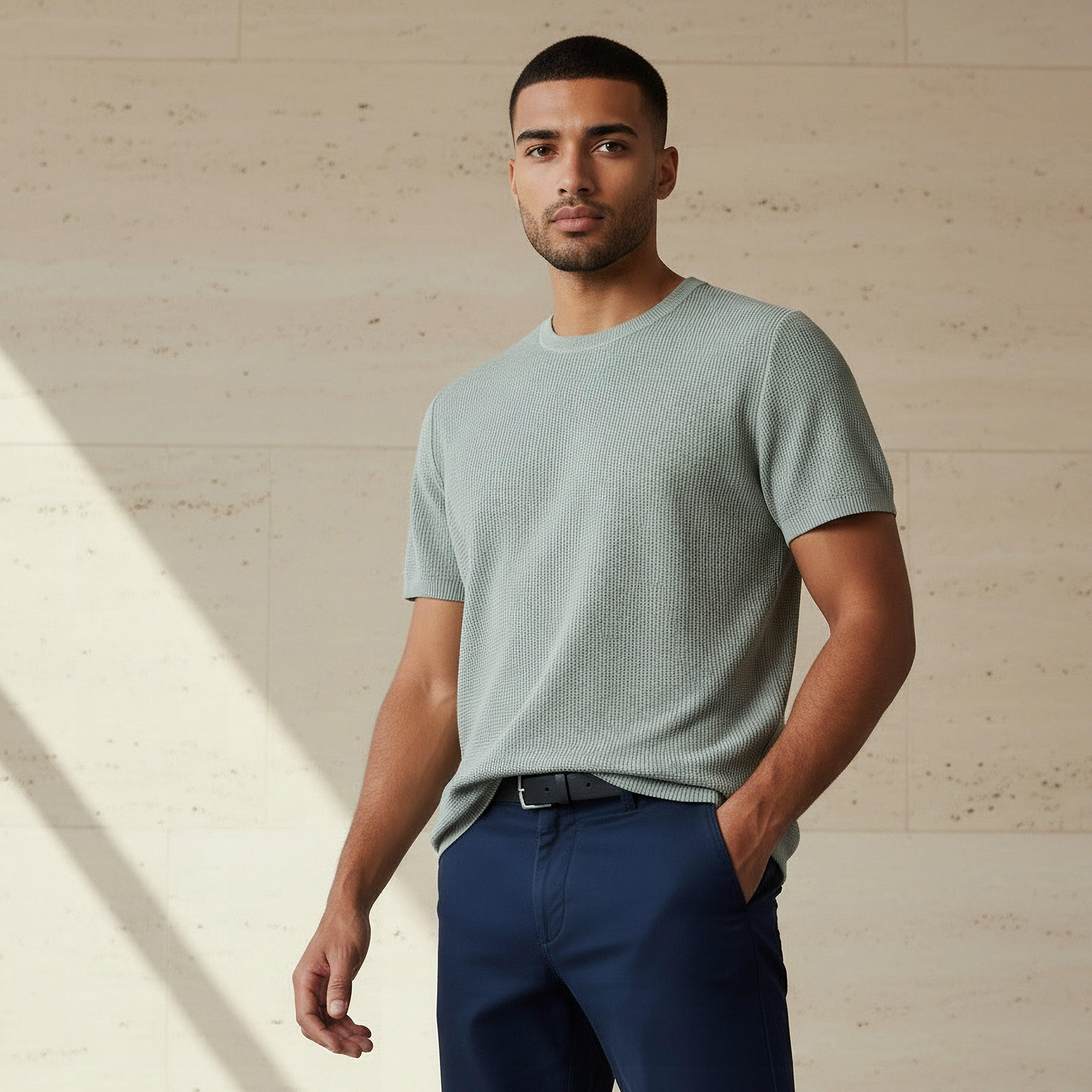 تيشيرت بارز الملمس بياقة ضيقة وأكمام قصيرة وقصة عادية للرجال-men-clothing-tshirtsandpolos-tshirts-image-1