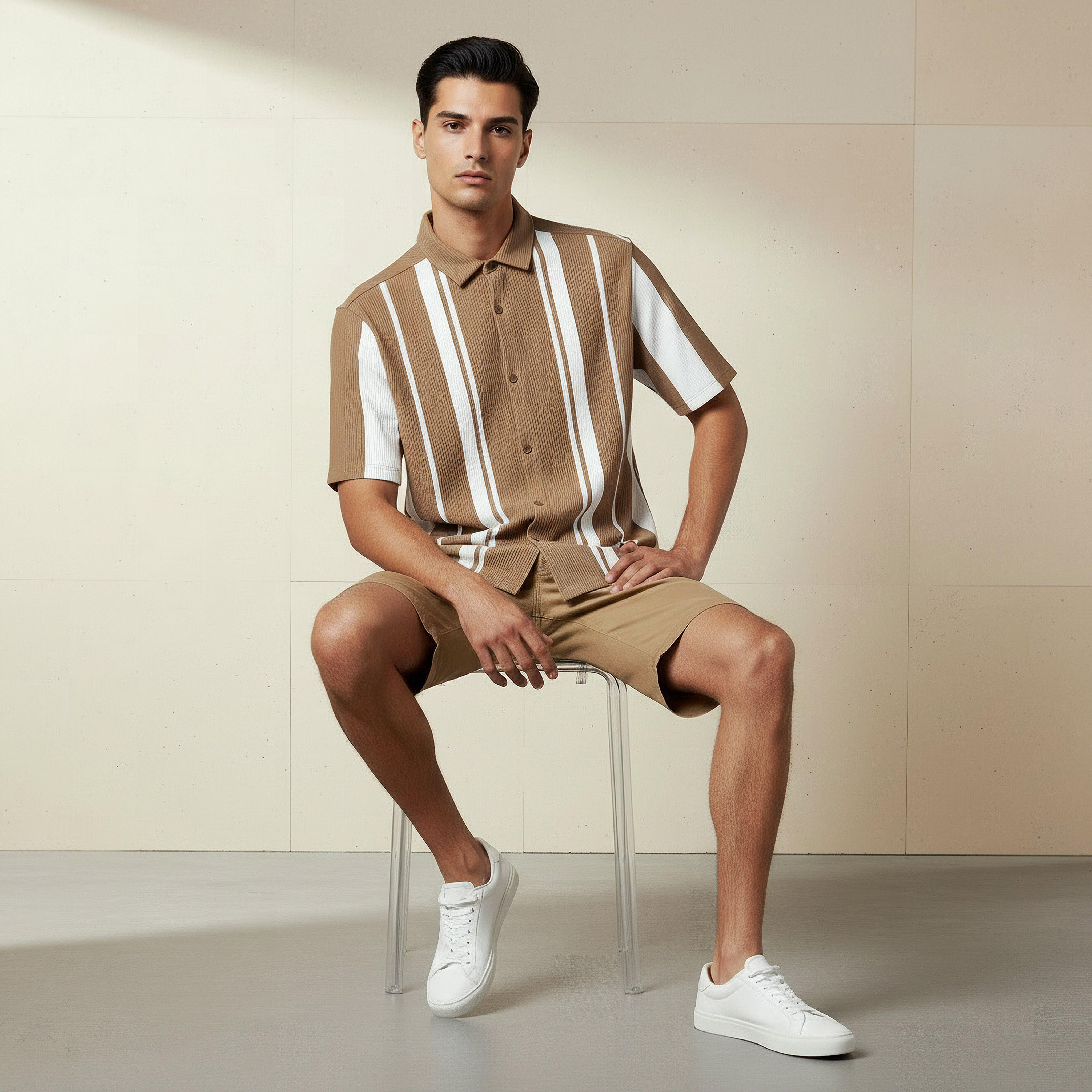 تيشيرت ريسورت بولو رجالي مخطط بياقة وقصة عادية وأكمام قصيرة-men-clothing-shirts-image-2