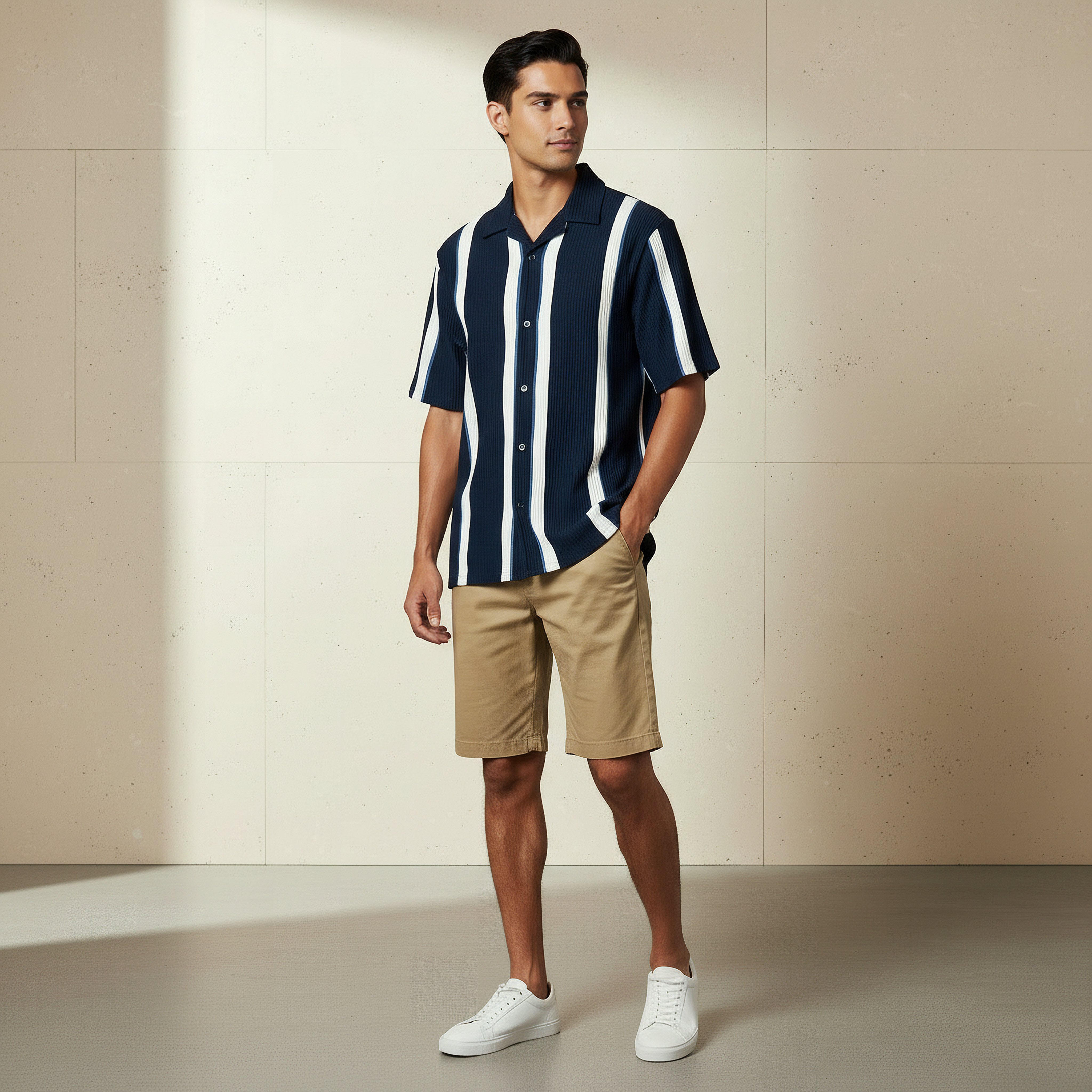 Men Slim Fit Camp Collar Striped Short Sleeve Shirt-men-clothing-shirts-image-2