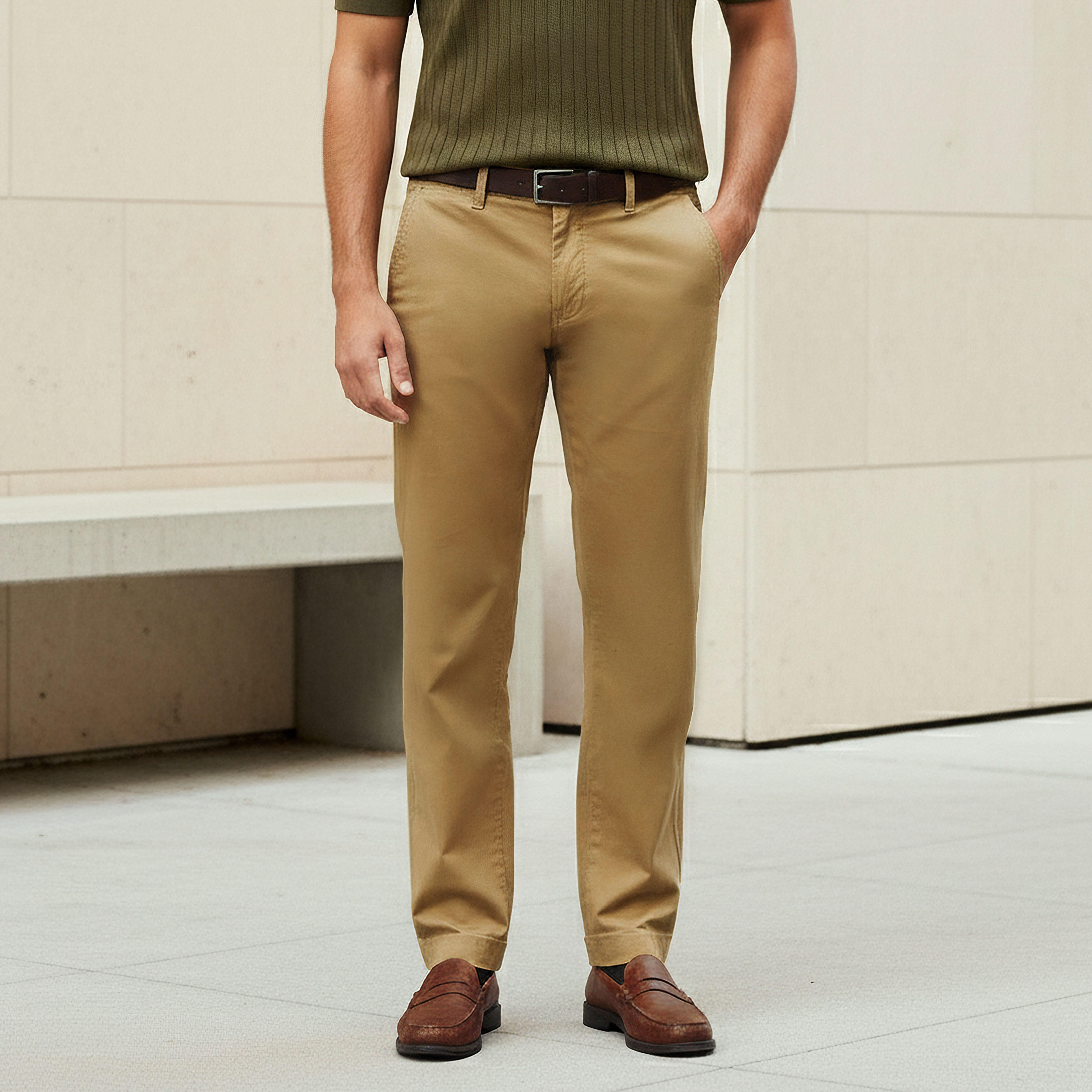 بنطلون تشينو قطن بحزام وقصة سليم للرجال-men-clothing-bottoms-trousersandchinos-chinos-image-5