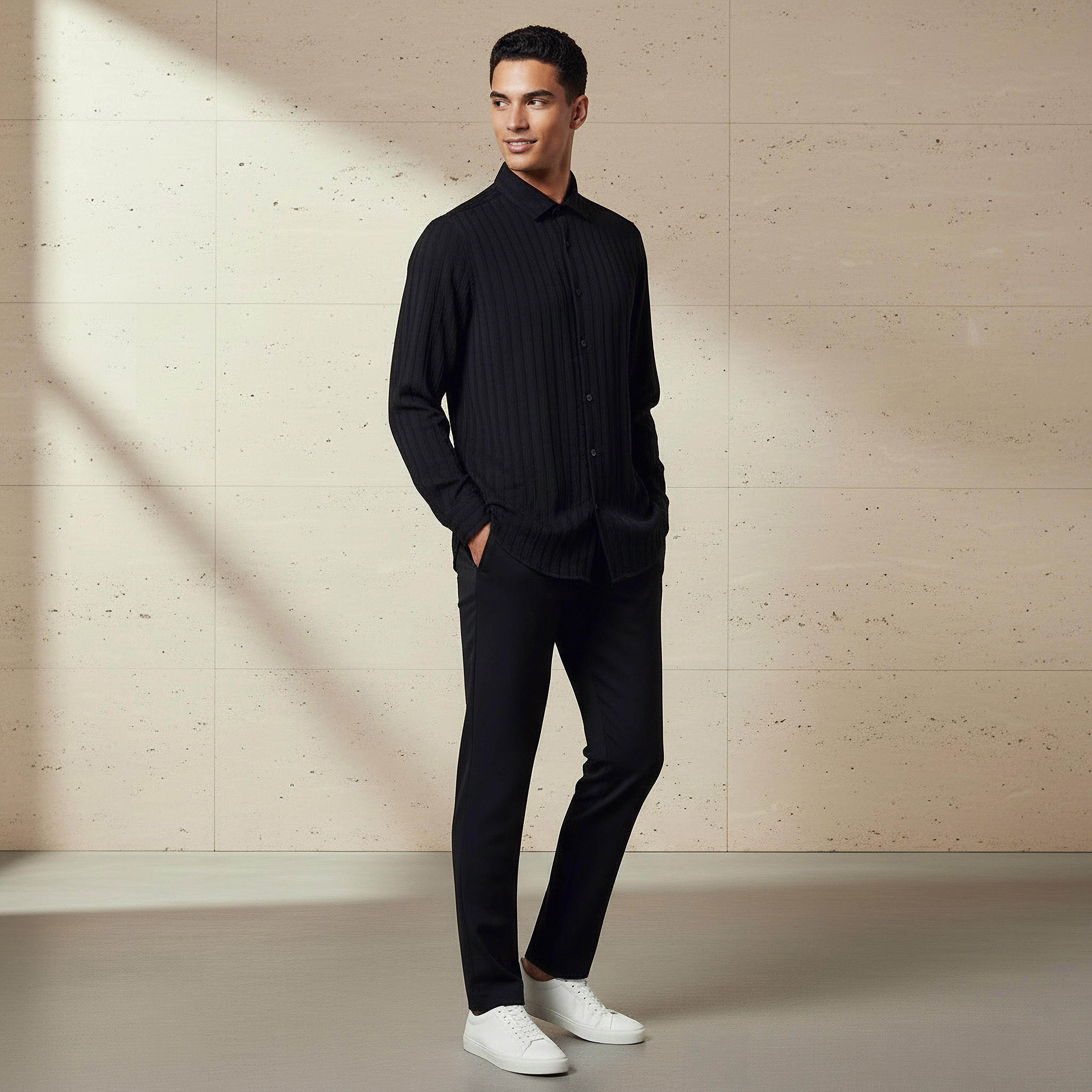 Men Regular Fit Collared Textured Long Sleeves Shirt-men-clothing-shirts-image-2
