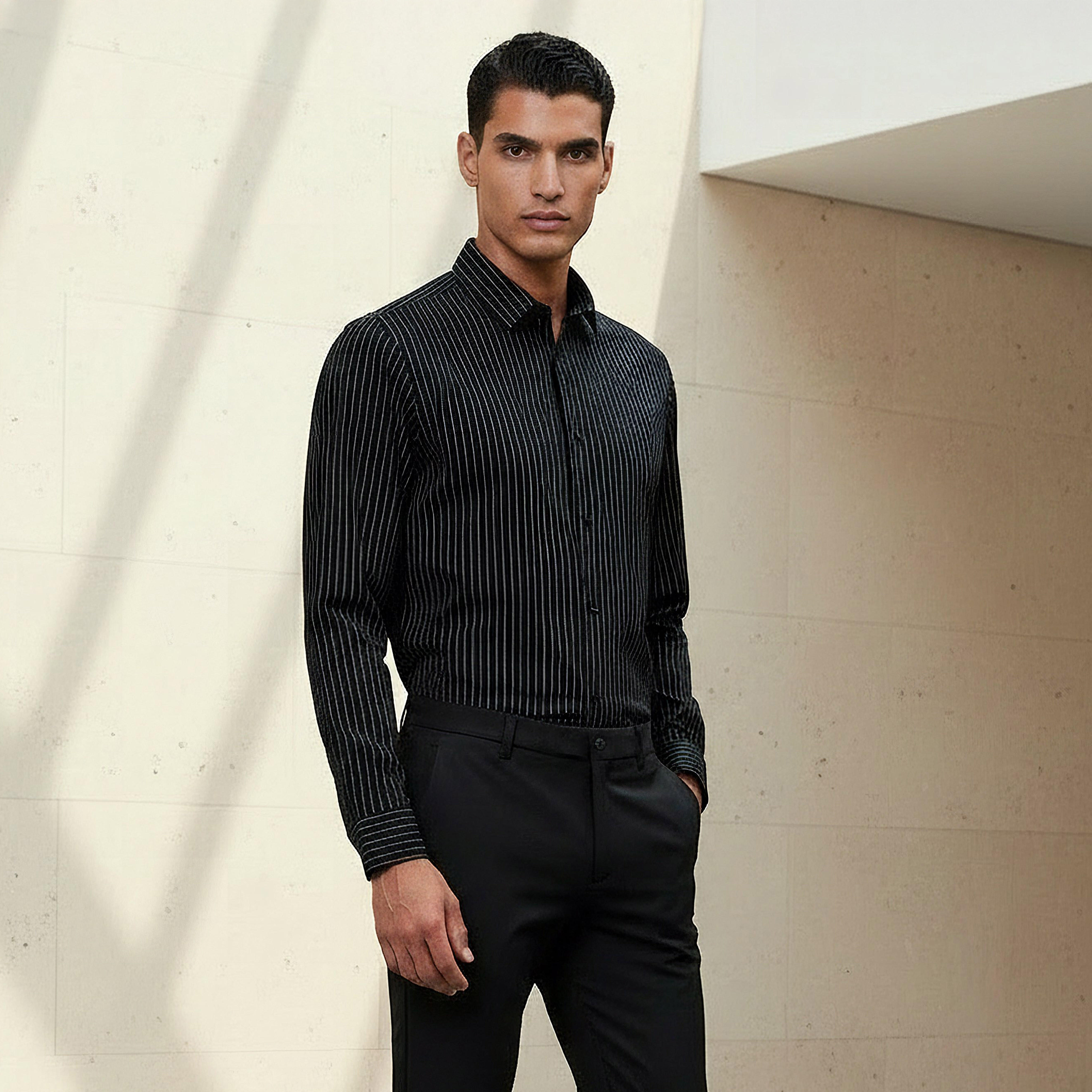 Men Regular Fit Button-Down Pinstripe Long Sleeve Shirt-men-clothing-shirts-image-1