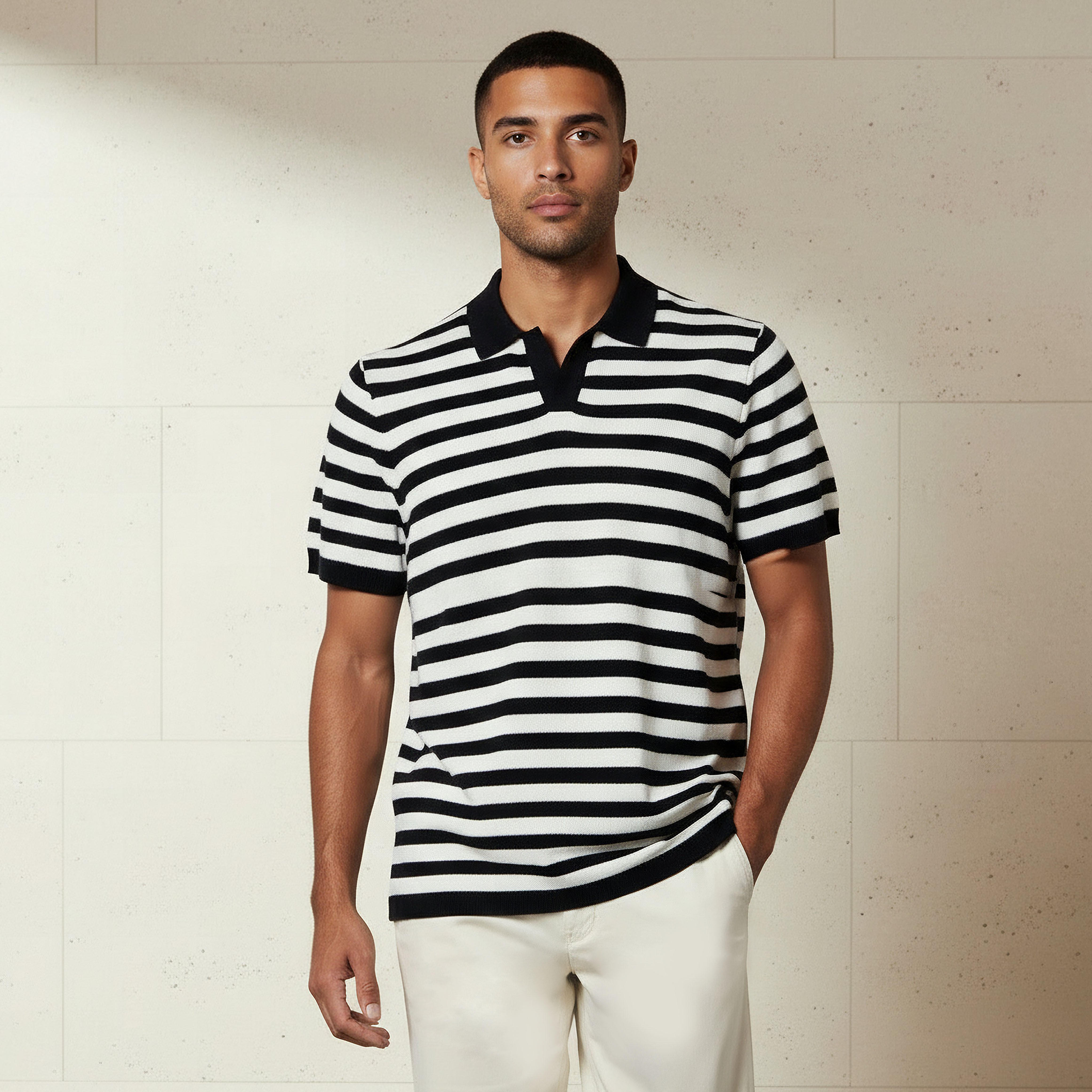 Men Short Sleeves Striped Johnny Collar Polo T-shirt-men-clothing-tshirtsandpolos-polos-image-1