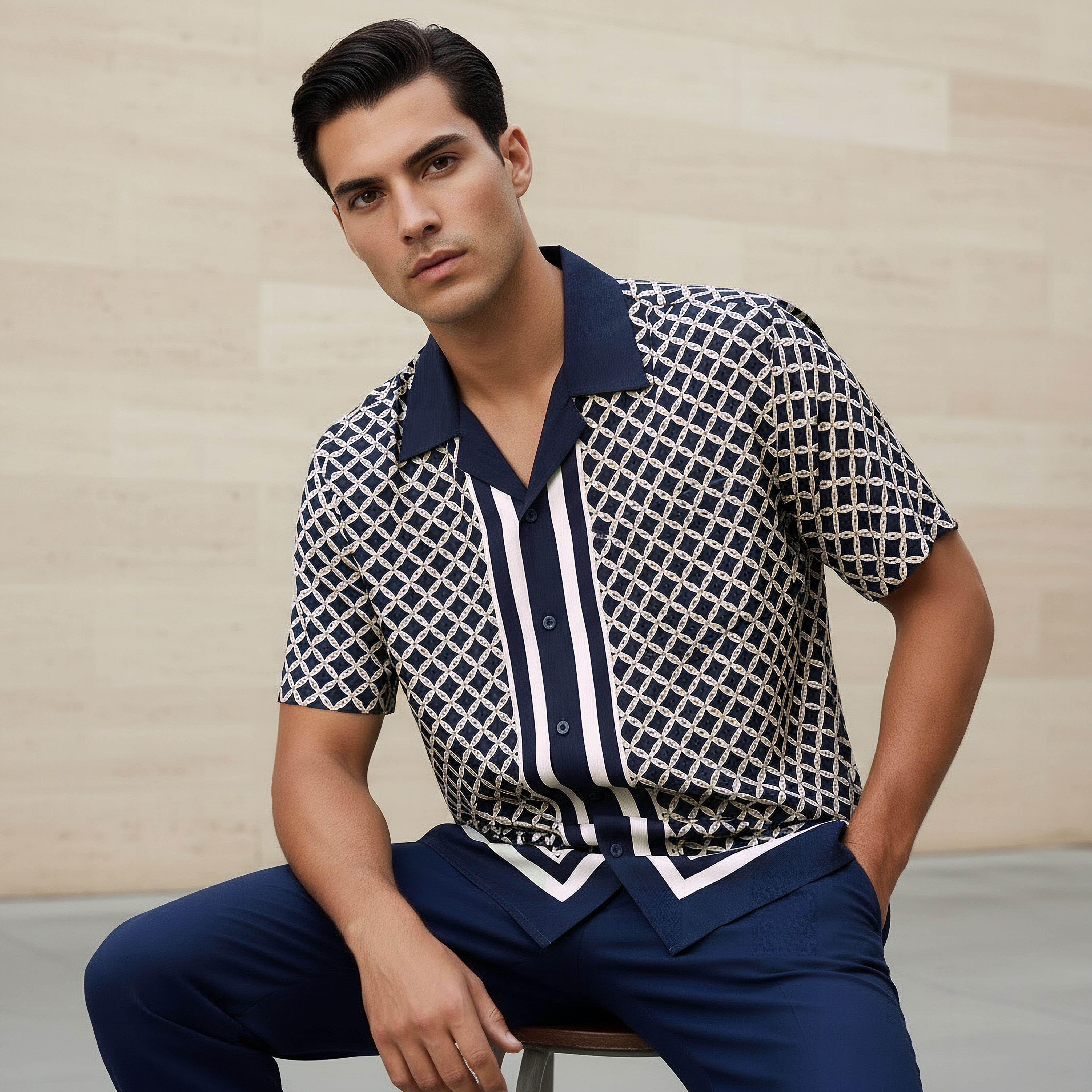 Emperor Men Regular Fit Collared Geometric Print Short Sleeves Resort Shirt-men-clothing-shirts-image-1