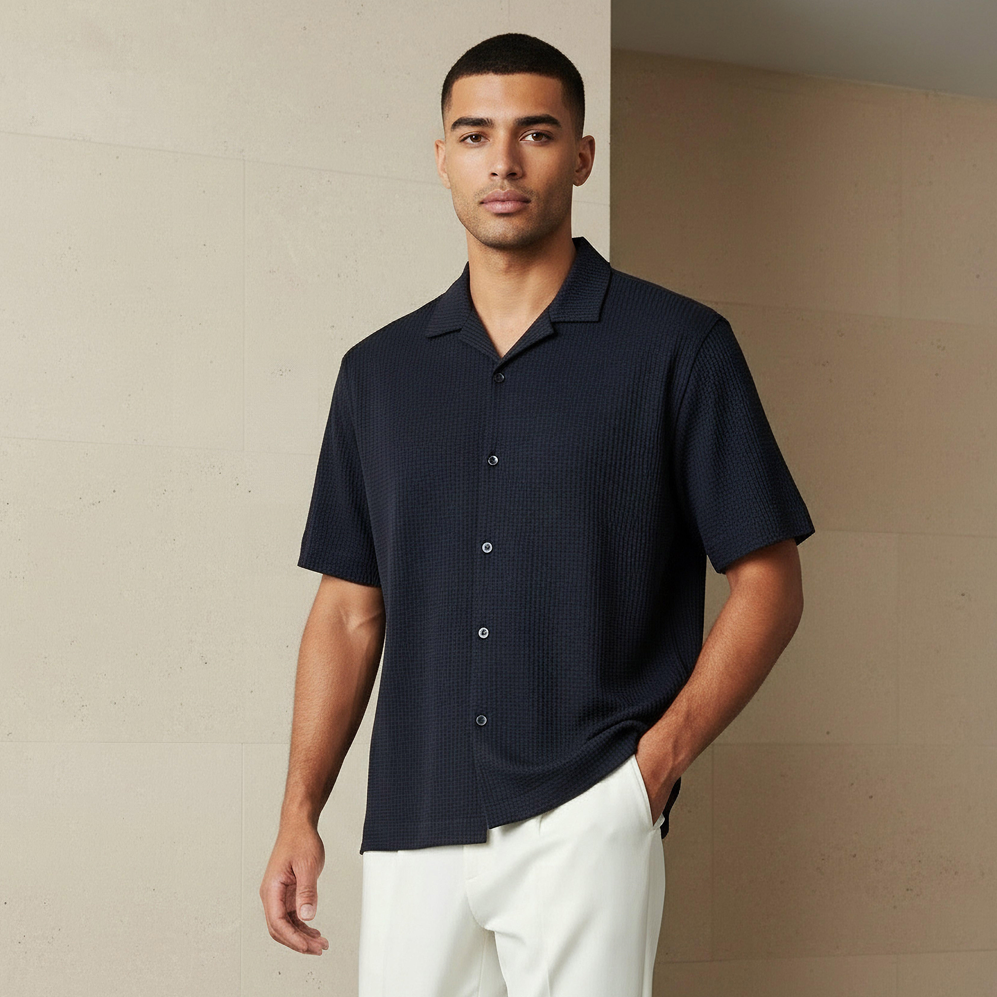 Emperor Men Regular Fit Camp Collar Waffle Textured Short Sleeves Shirt-men-clothing-shirts-image-1