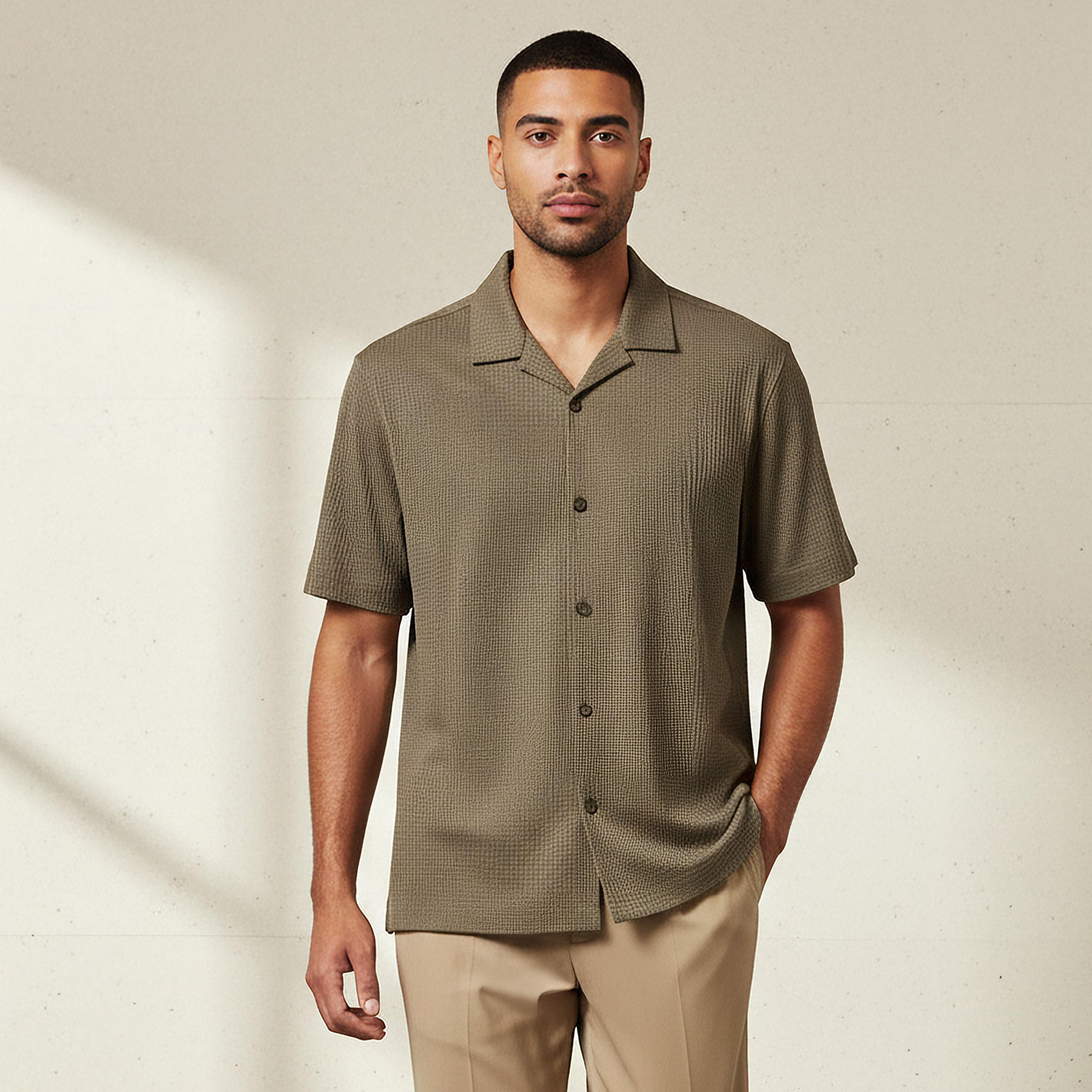 Emperor Men Regular Fit Camp Collar Waffle Textured Short Sleeves Shirt-men-clothing-shirts-image-3