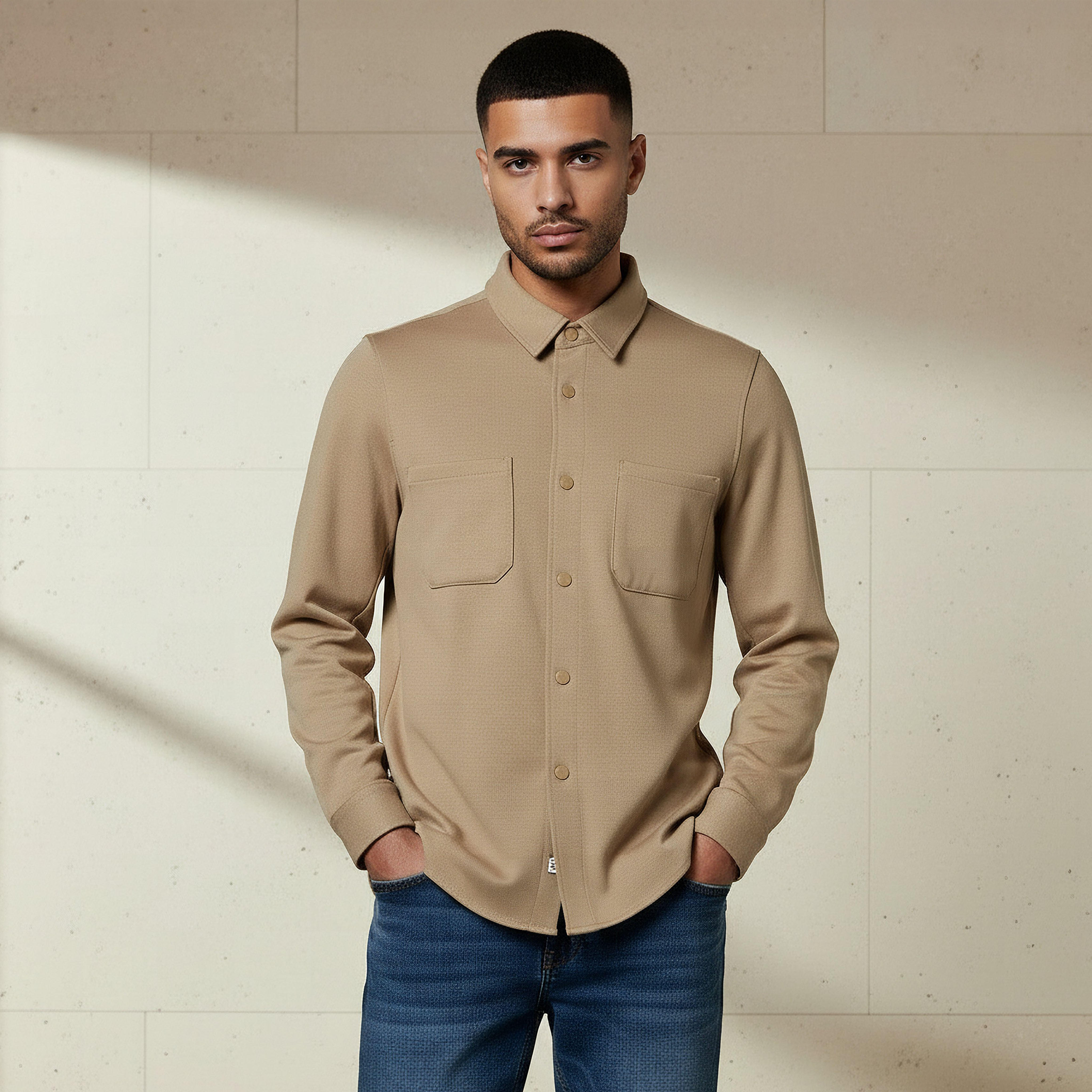 Men Collared Textured Long Sleeve Shacket-men-clothing-shirts-image-1