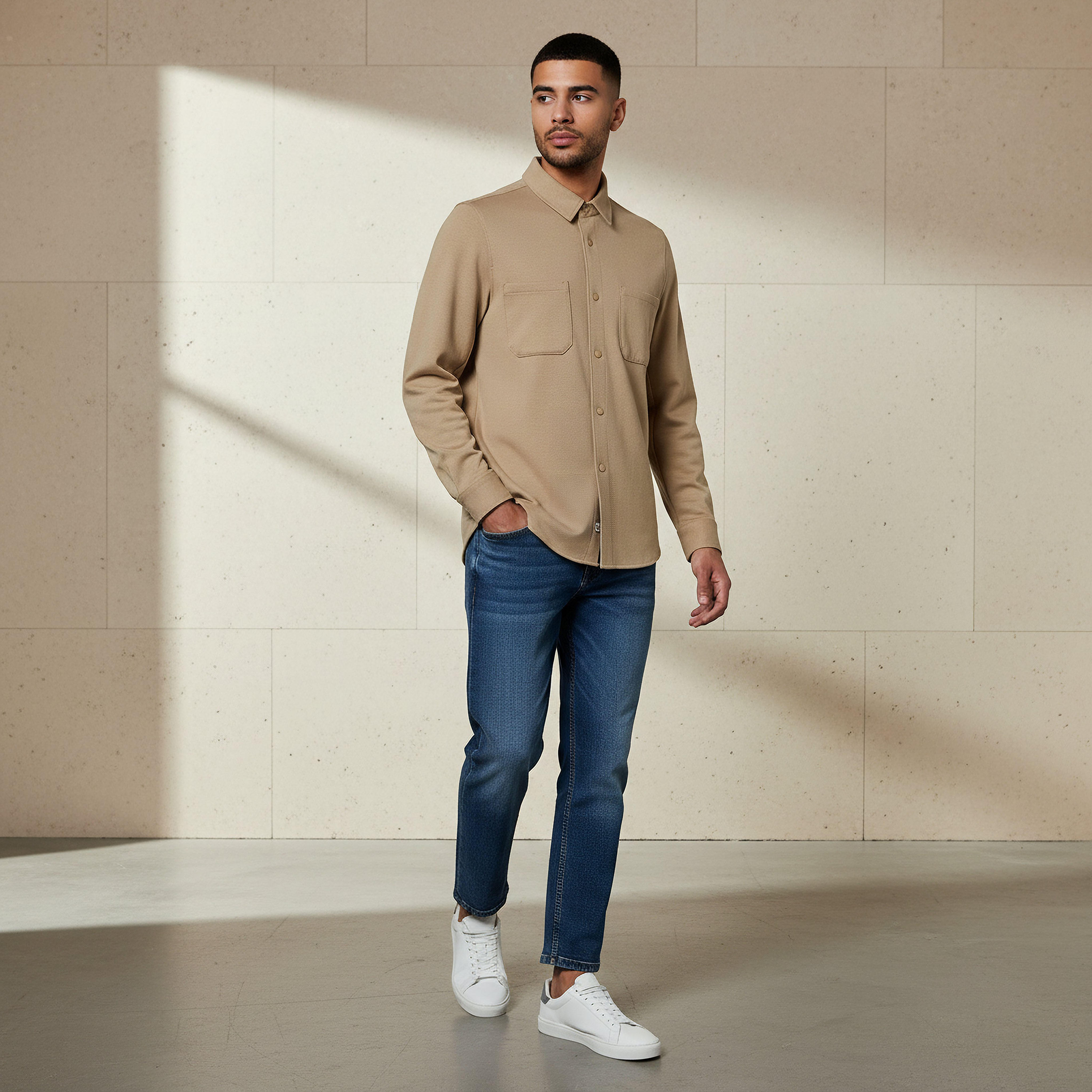 Men Collared Textured Long Sleeve Shacket-men-clothing-shirts-image-3