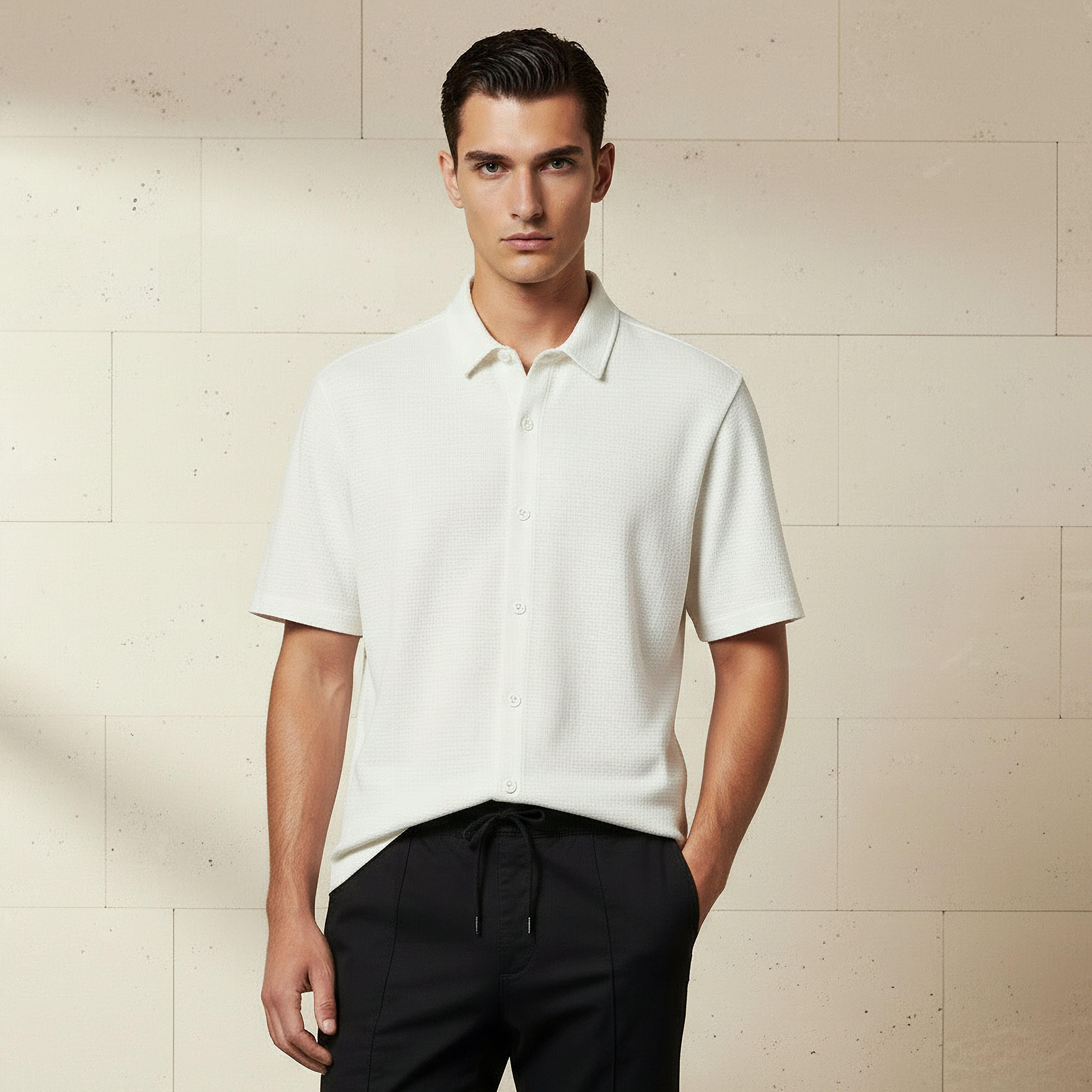 قميص بقصة سليم وأكمام قصيرة وملمس بارز للرجال-men-clothing-shirts-image-1