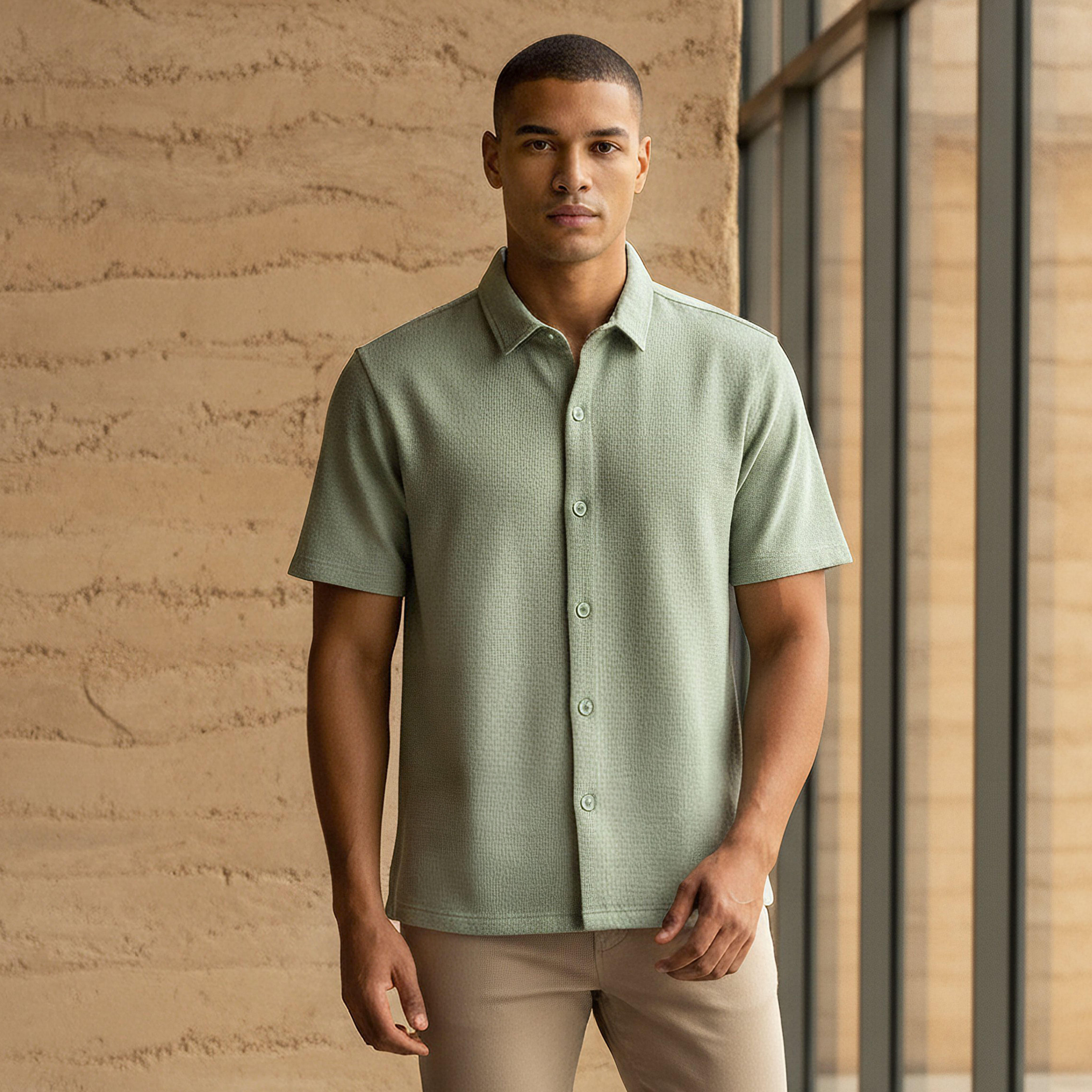 Men Slim Fit Textured Short Sleeves Shirt-men-clothing-shirts-image-1